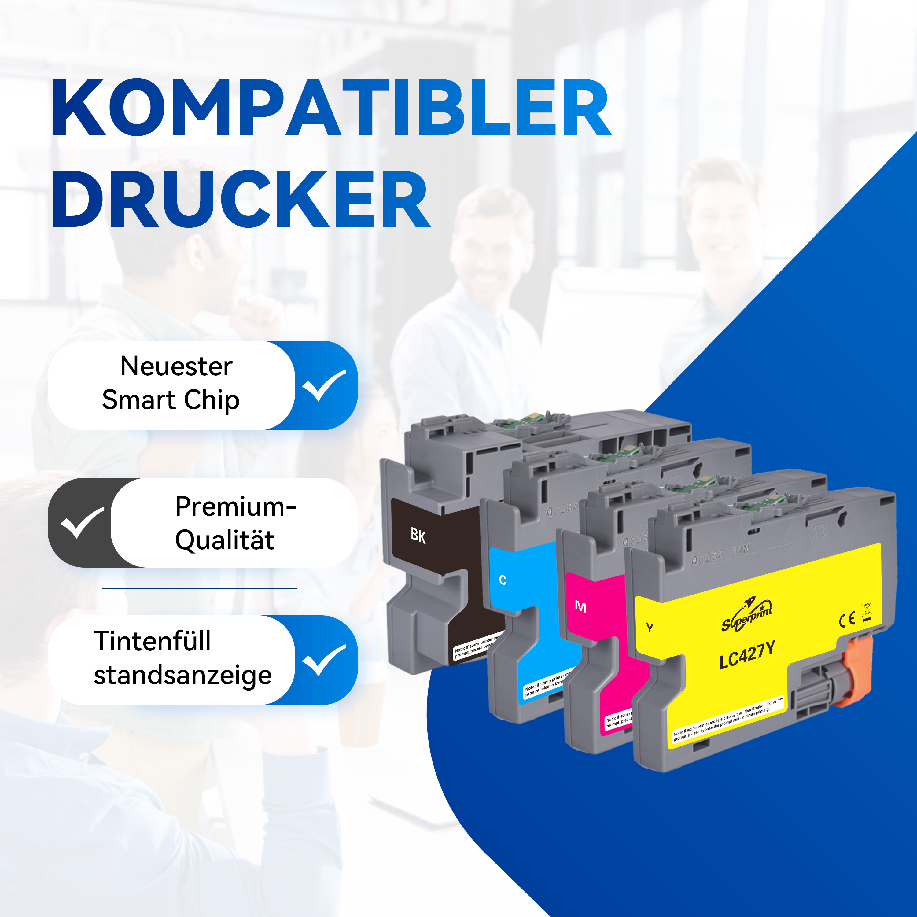 Inktcartridges met kleurlabels. Tekst: Compatibele printer. Slimme chip, premium kwaliteit.