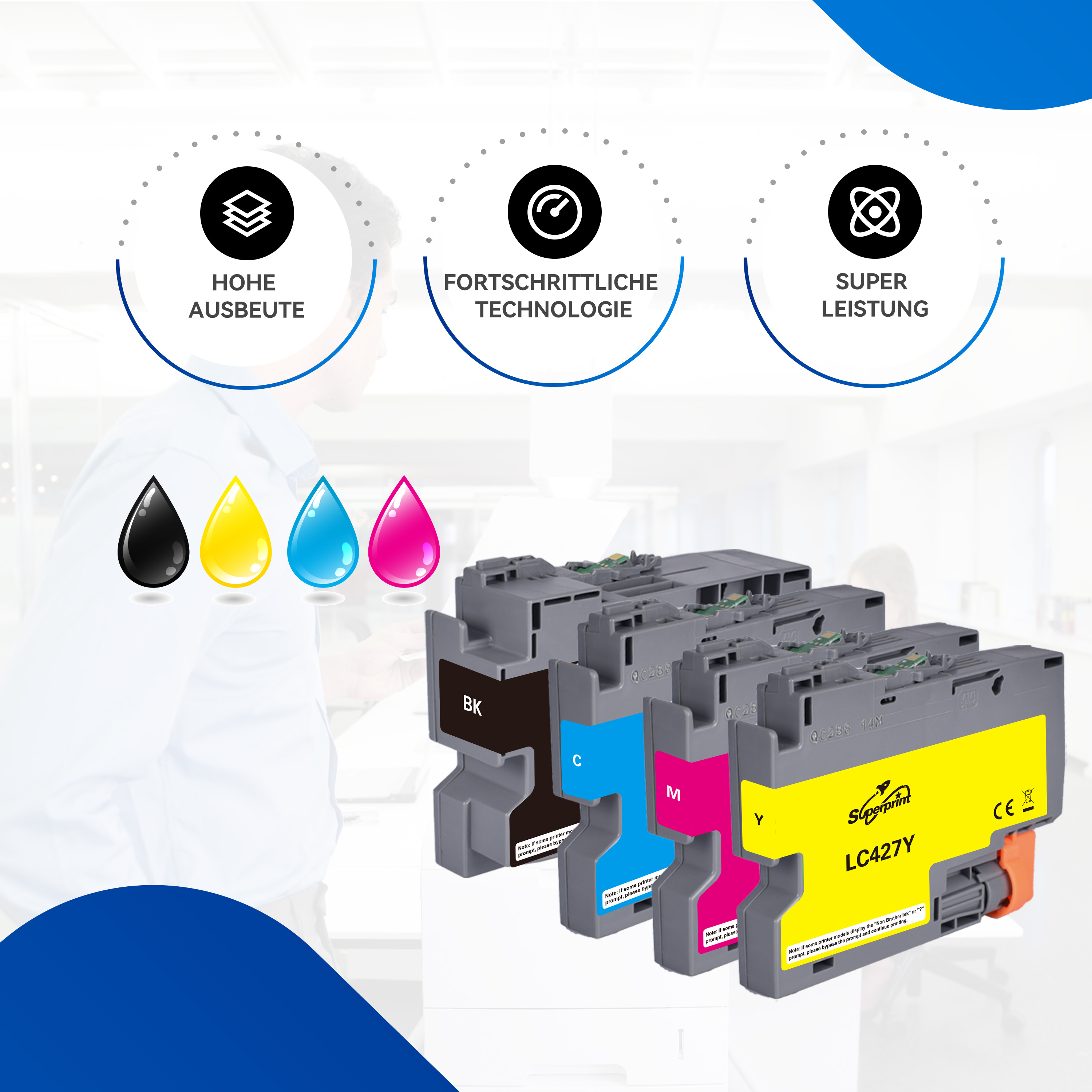 Inktcartridges met zwarte, gele, cyaan en magenta inkt.