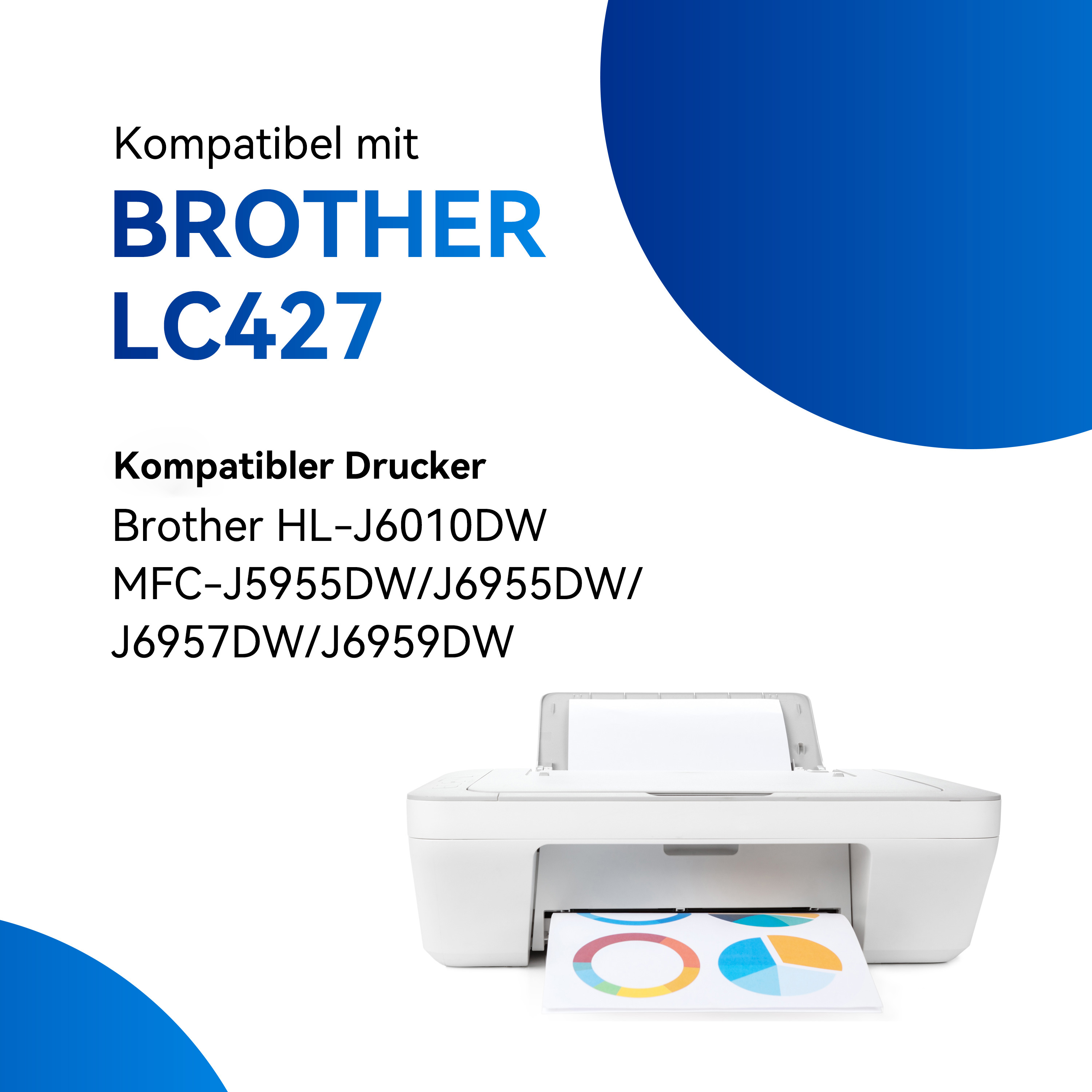 Een printer met de tekst 'BROTHER LC427' en compatibele printers eronder vermeld.