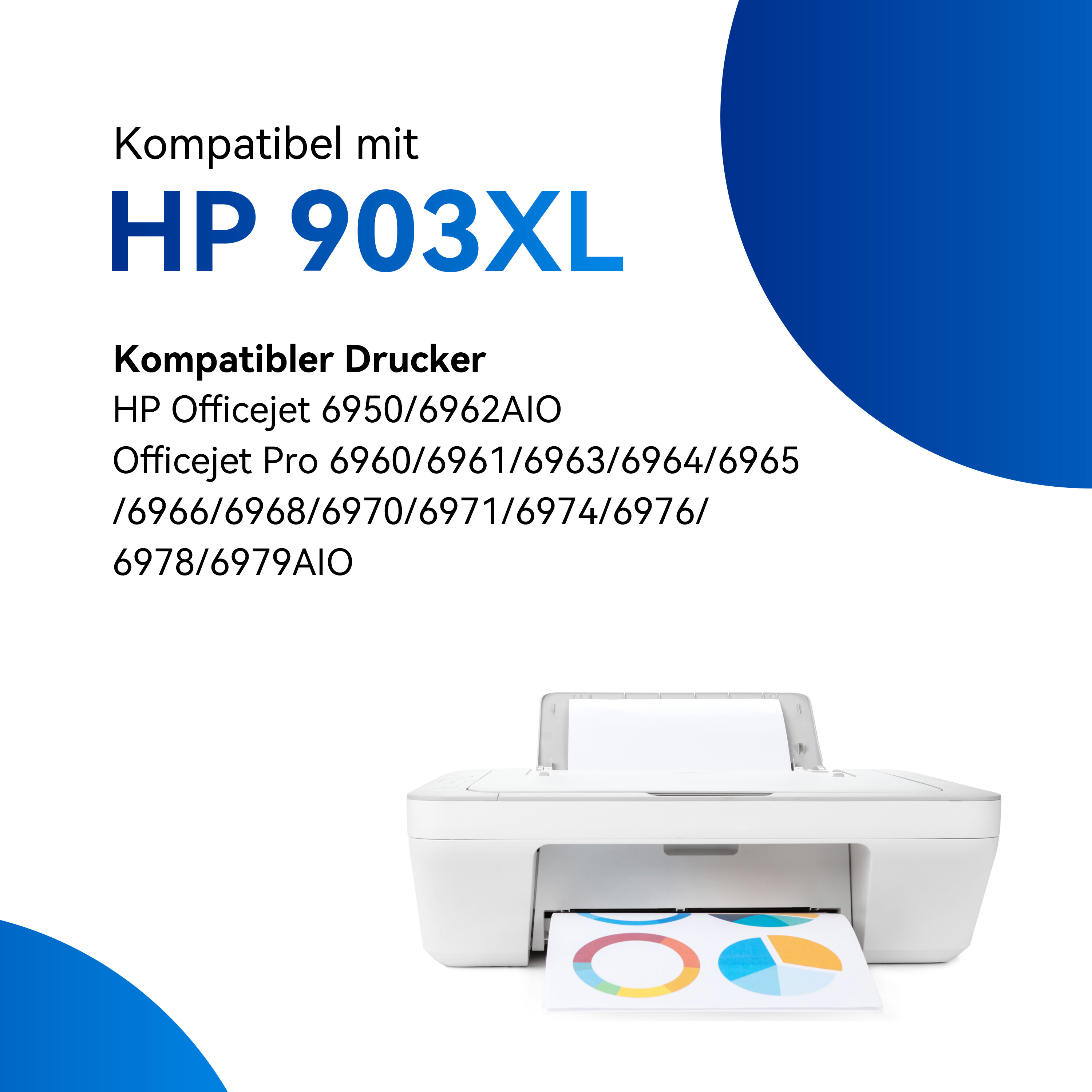 Een witte printer die een kleurrijke grafiek afdrukt, met tekst over compatibiliteit.