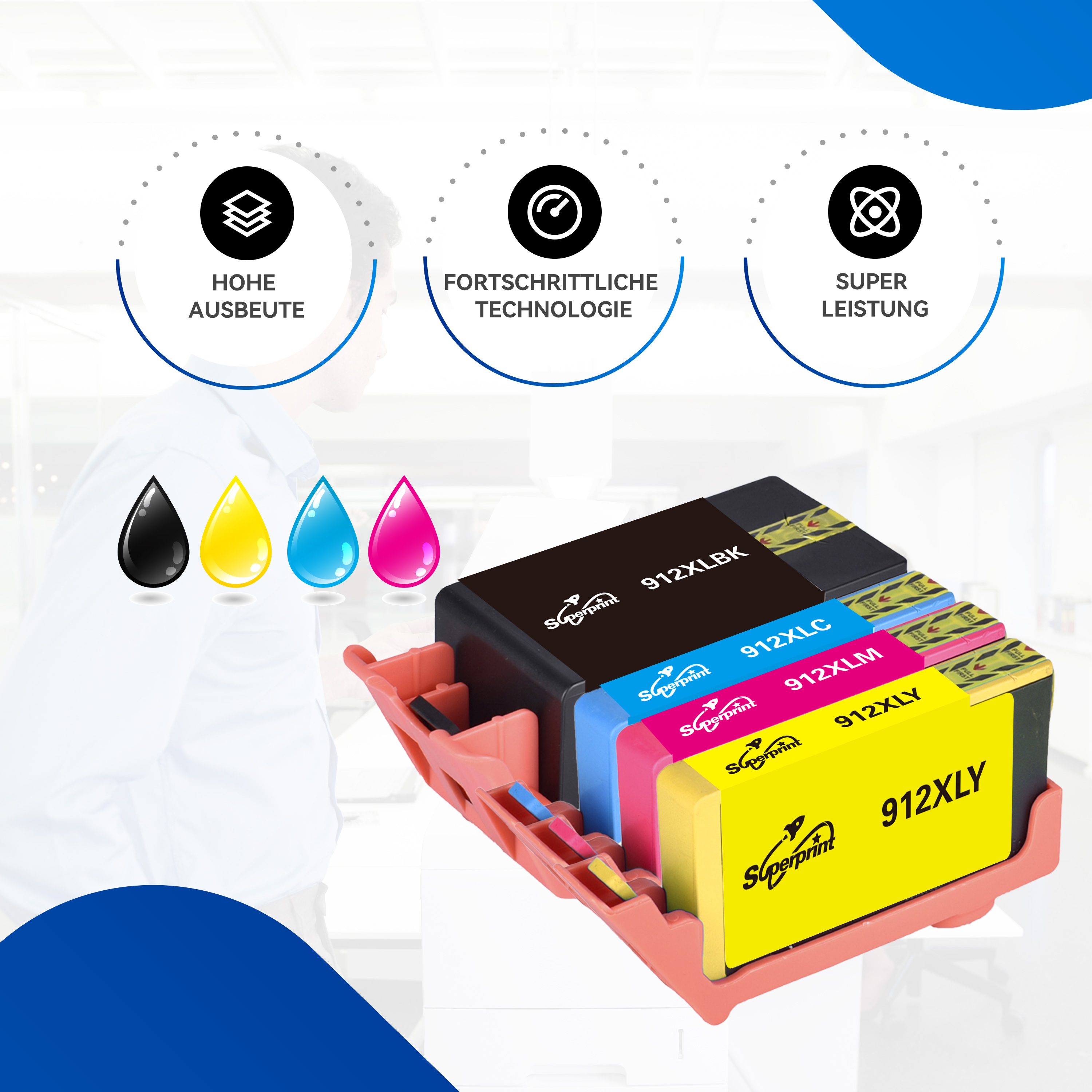 Inktcartridges in een roze bakje, met inkt druppels en iconen erboven. Een persoon op de achtergrond.