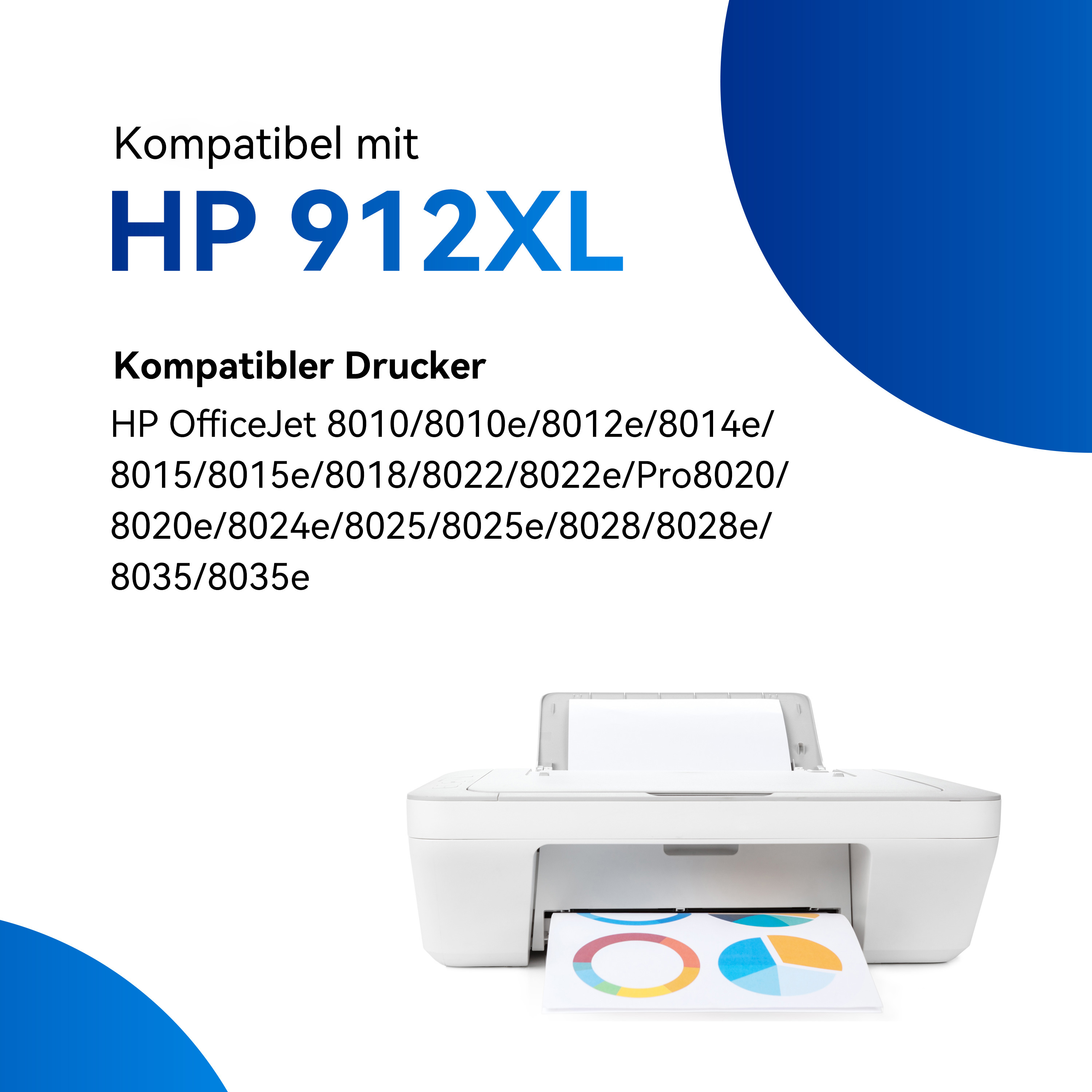Een HP 912XL printer met een blauwe cirkel en tekst. Printermodellen hieronder vermeld.