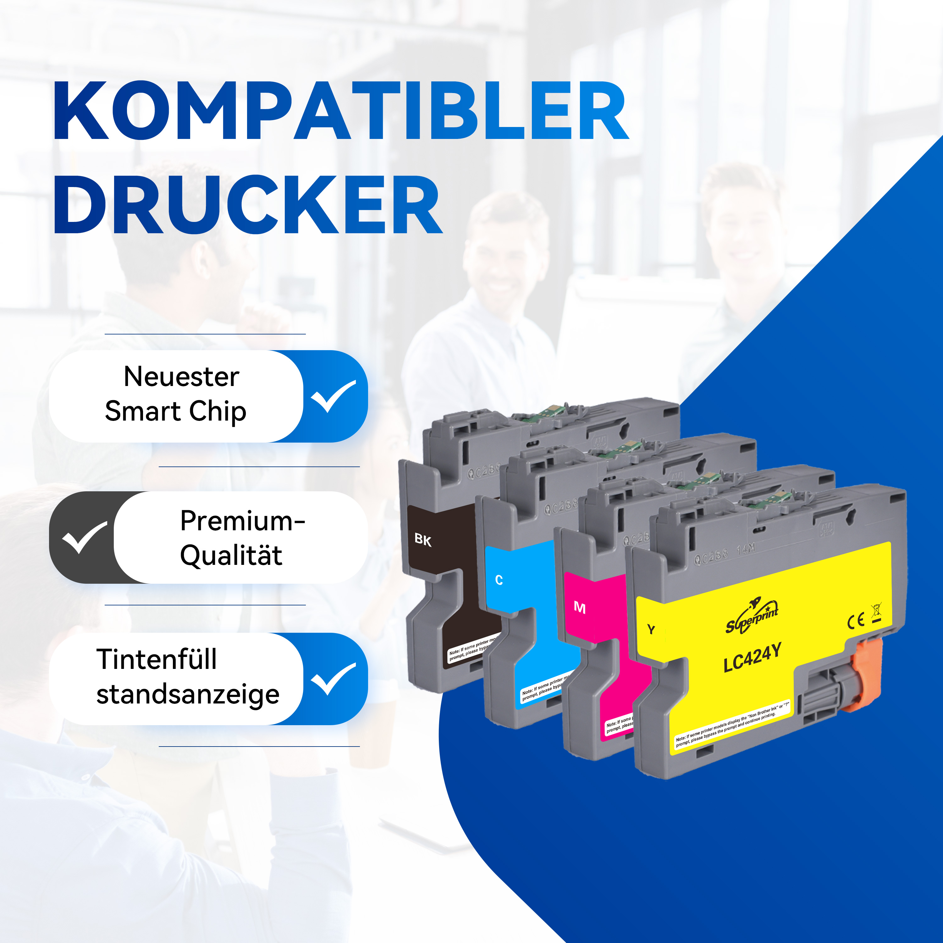Tintenpatronen in CMYK-Farben mit dem Text "KOMPATIBLER DRUCKER" oben.