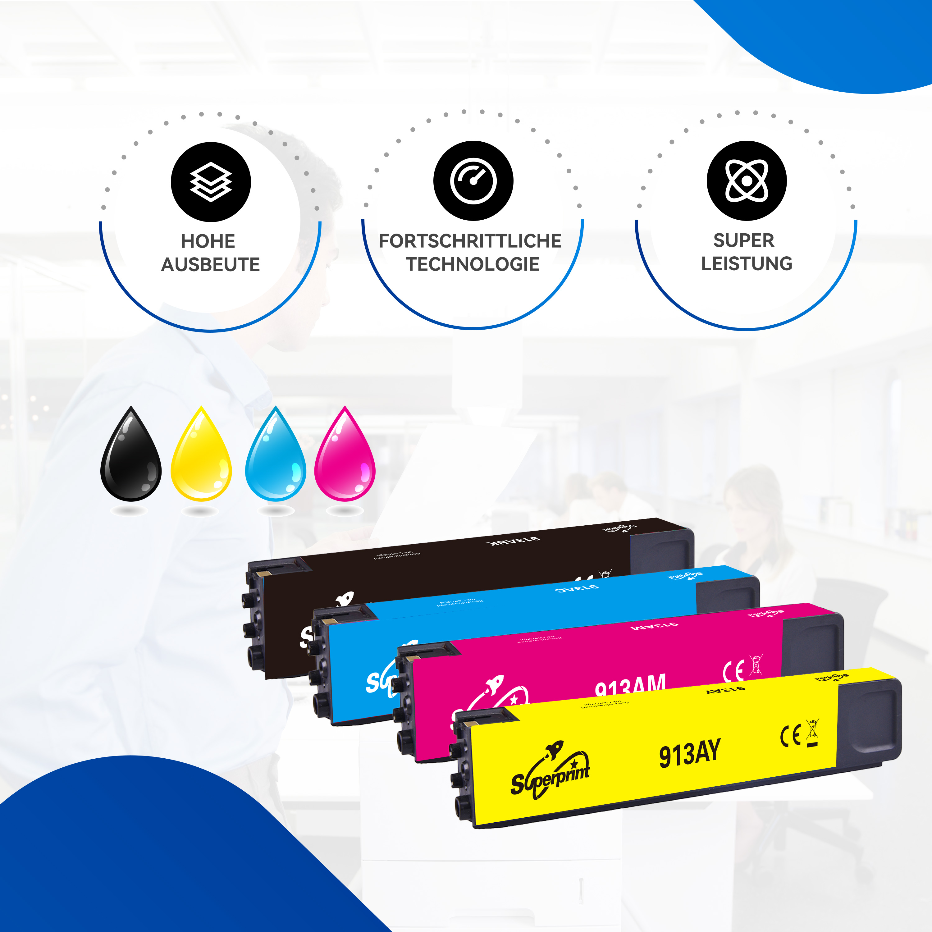 Cartouches d'encre avec des gouttes de couleur et des icônes. Les cartouches sont noires, cyan, magenta et jaunes.