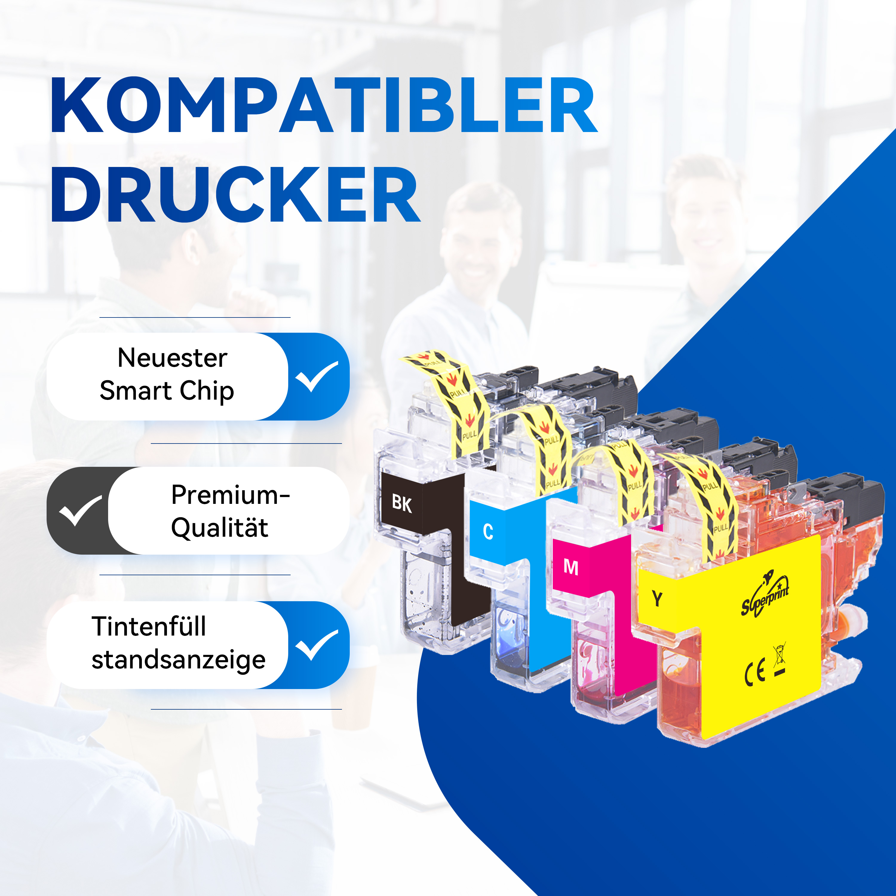 Tintenpatronen in Schwarz, Cyan, Magenta und Gelb. Text und Häkchen sind enthalten.