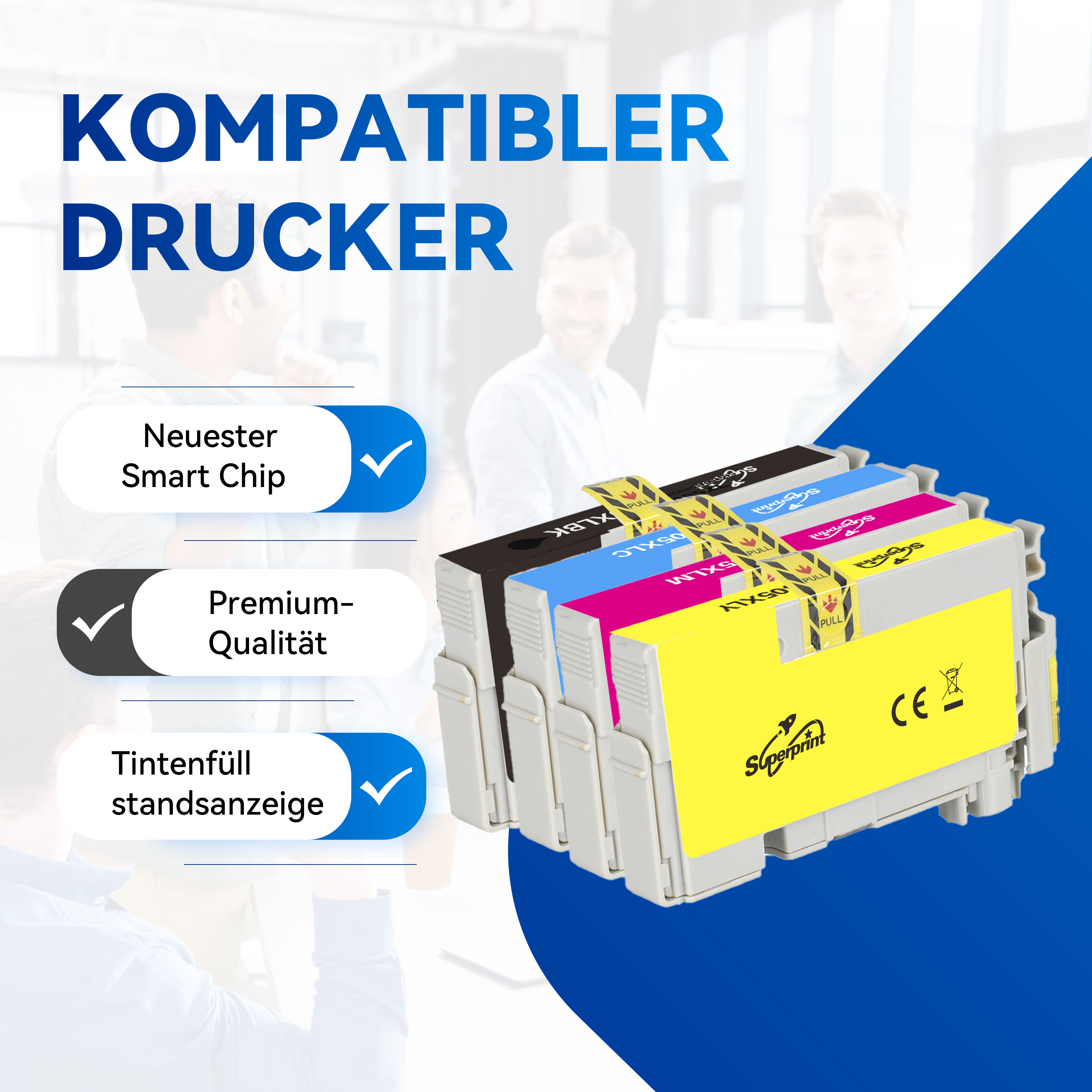Inktcartridges in zwart, cyaan, magenta en geel met een vinkje, mensen vaag op de achtergrond.
