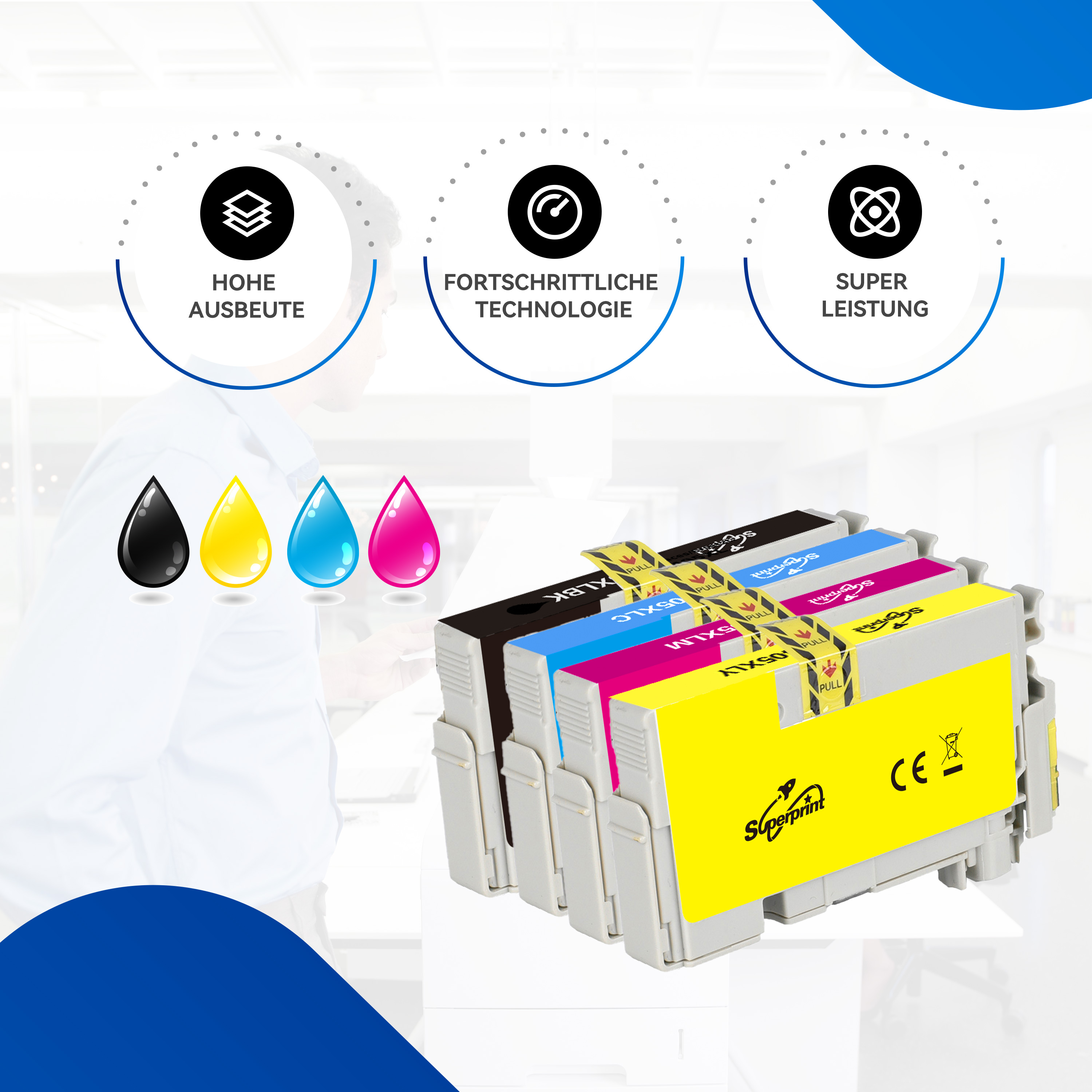 Inktcartridges met vinkjes en tekst, kleurdruppels. Vage achtergrond met mensen.