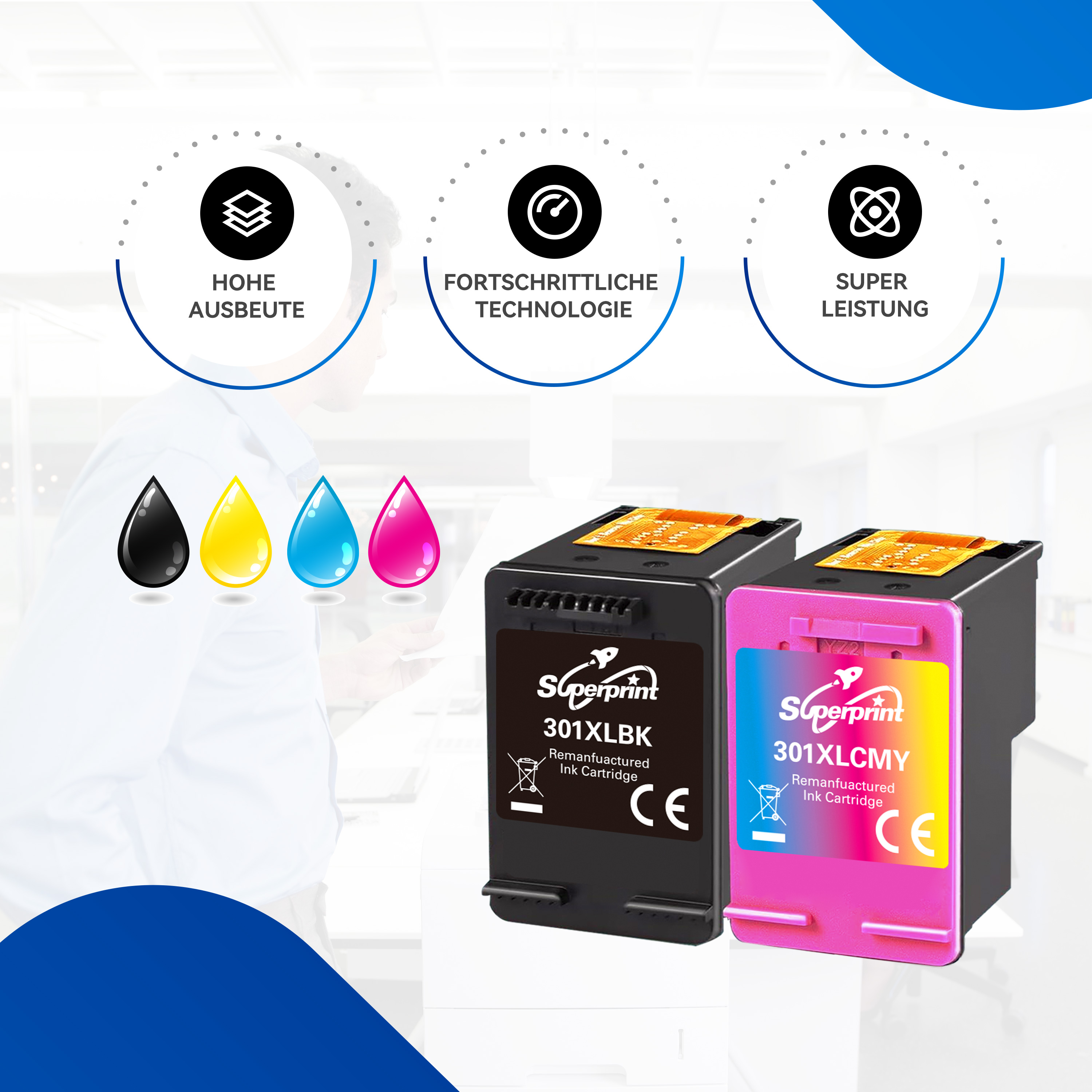 Ink cartridges in black and pink with text about high yield and advanced technology.