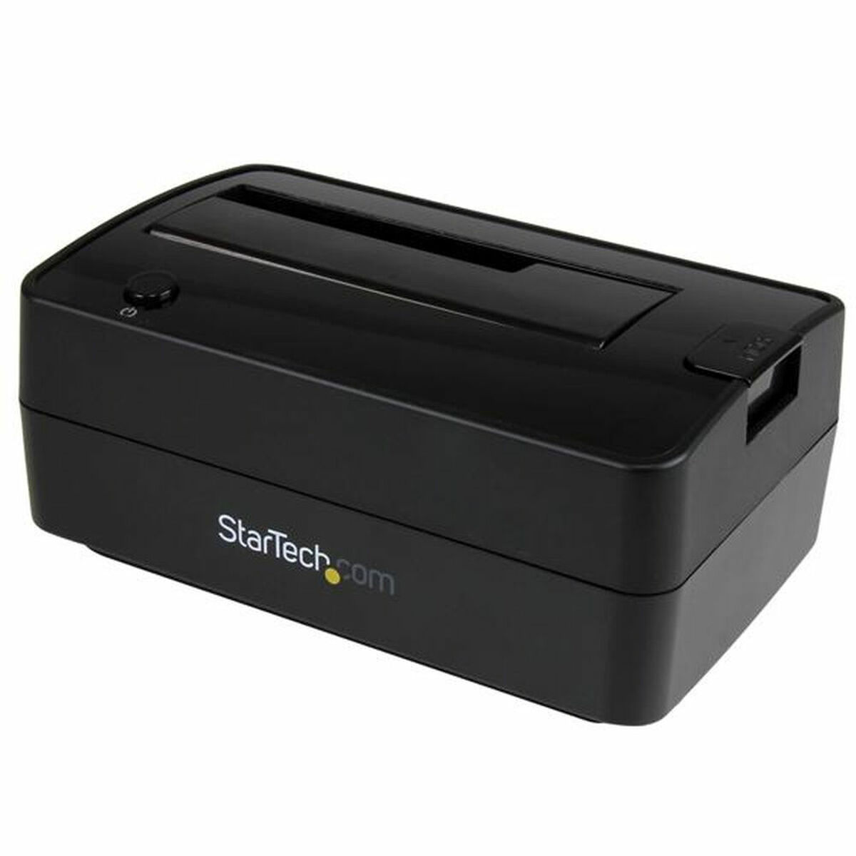 Schwarzes externes Festplattengehäuse mit StarTech.com-Logo auf weißem Hintergrund.
