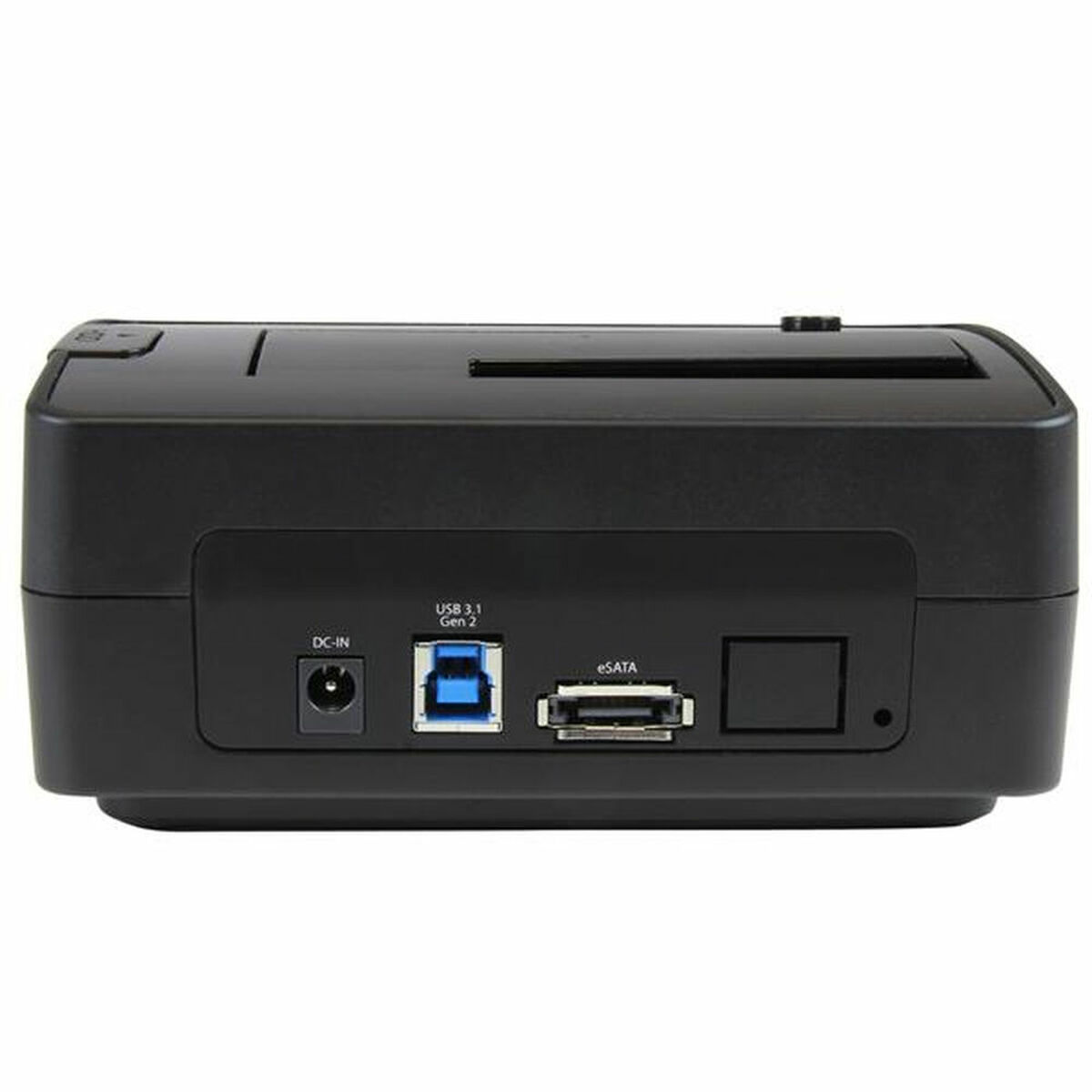 Schwarzes Gerät mit Anschlüssen: USB 3.1, eSATA und DC-IN, mit schwarzer Oberfläche.