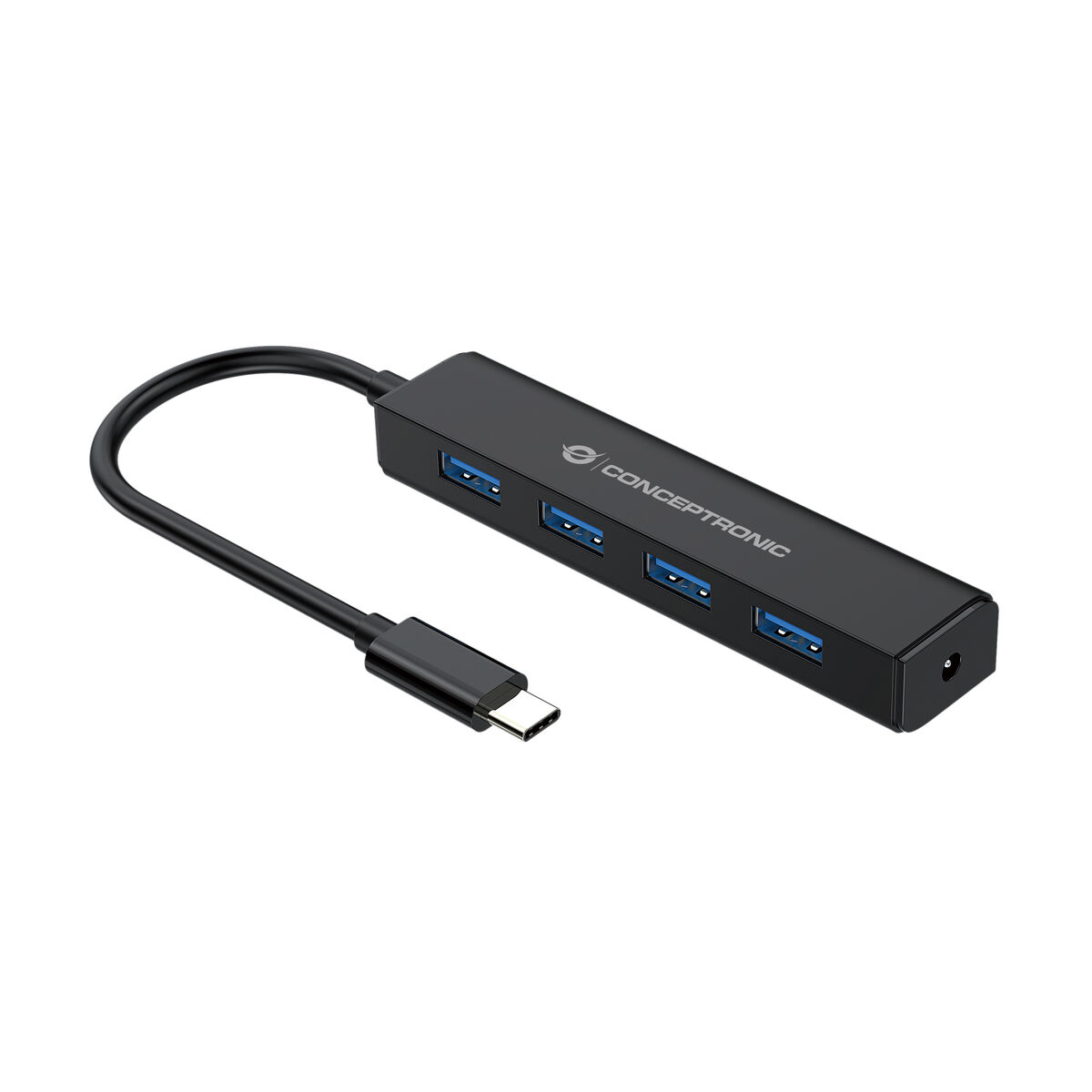 Hub USB nero con quattro porte e connettore USB-C. Con il marchio Conceptronic.
