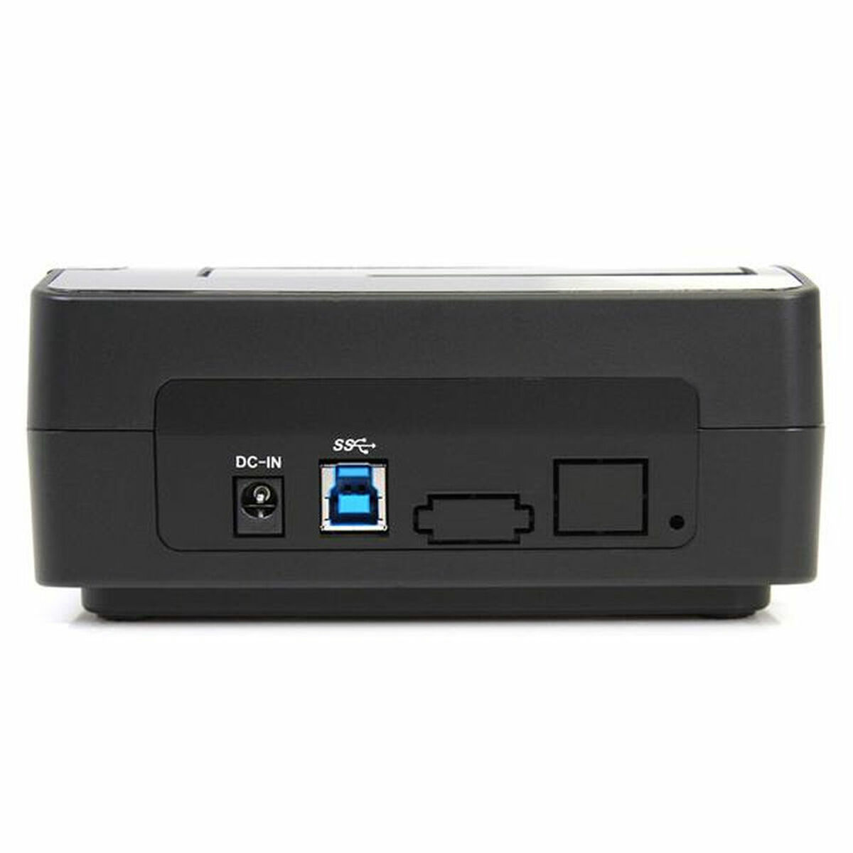 Geräterückseite in Schwarz mit DC-IN-, USB-Anschluss und weiteren Anschlüssen.