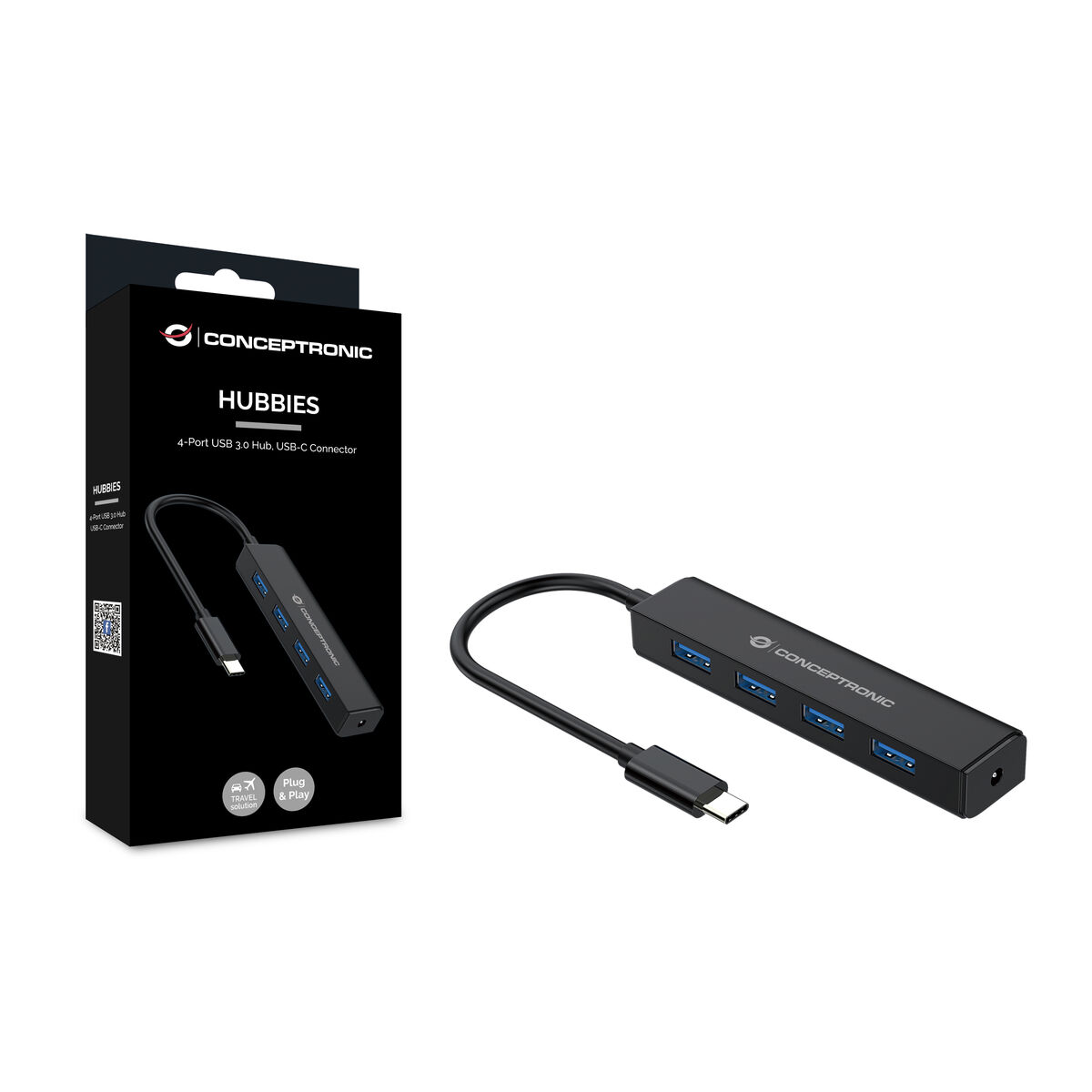 Hub nero con porte USB e scatola con dettagli del prodotto su sfondo bianco.