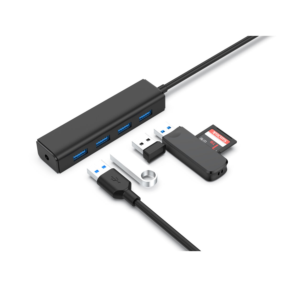 Un hub USB nero con più porte USB, e un cavo USB, una chiavetta USB e un adattatore USB.