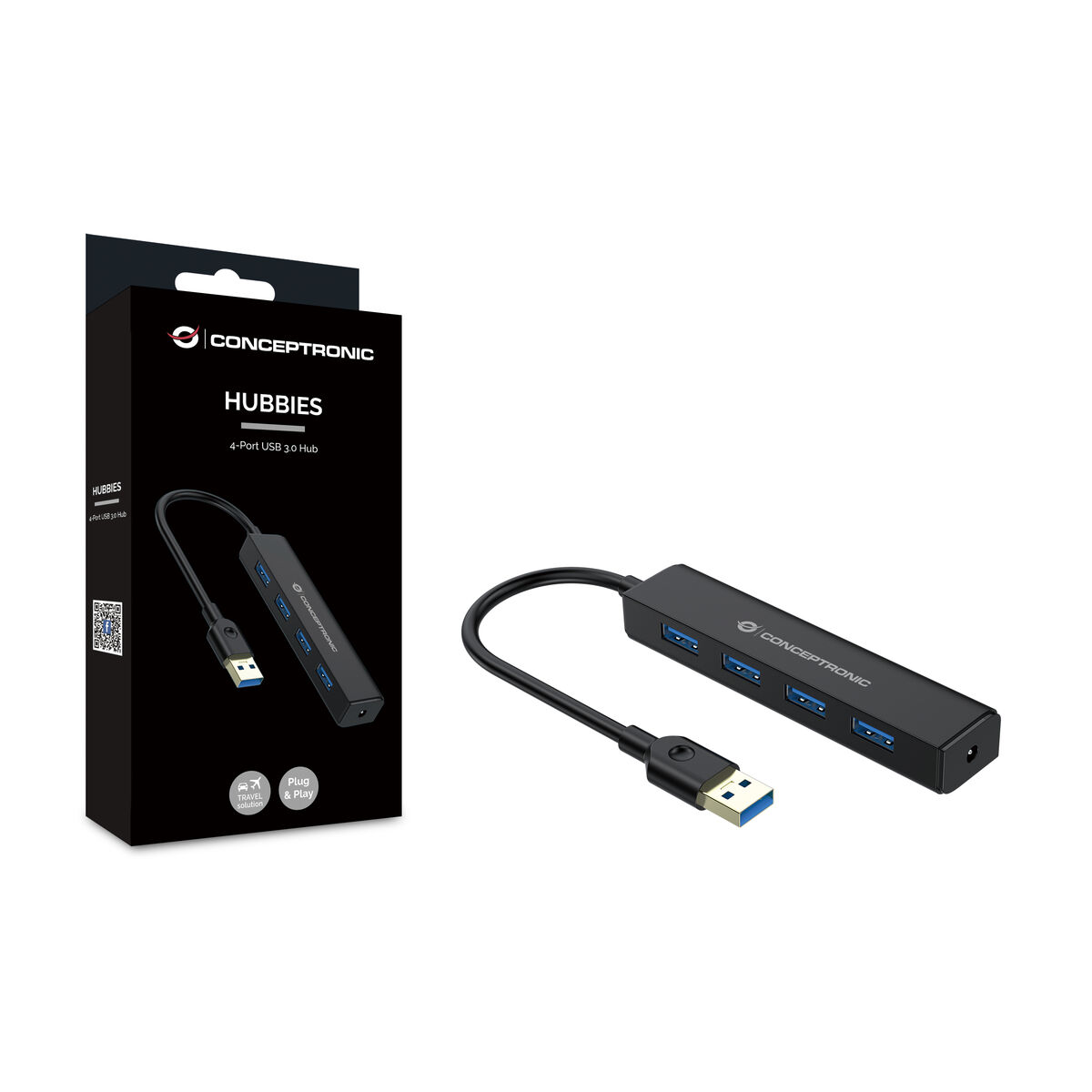 Schwarzer Conceptronic Hubbies 4-Port USB 3.0 Hub mit schwarzem Kabel und Box.