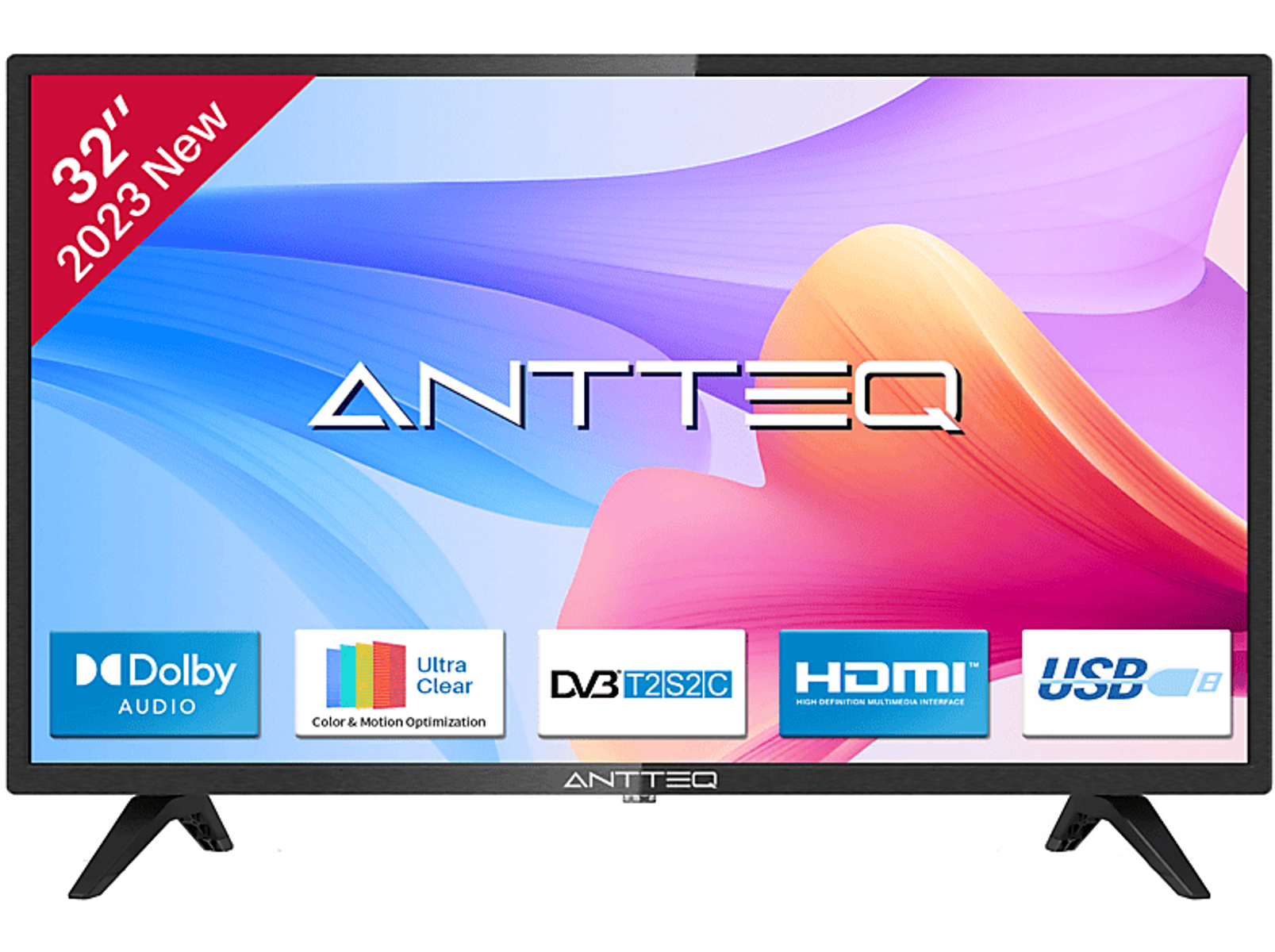 Un televisore ANTEQ da 32 pollici con display colorato, cornice nera e supporto.