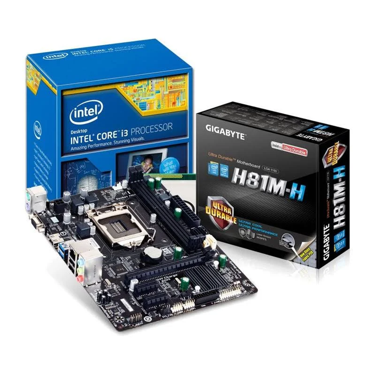 Intel Core i3 Prozessorbox neben einer Gigabyte-Mainboardbox. Beide stehen auf weißem Untergrund.