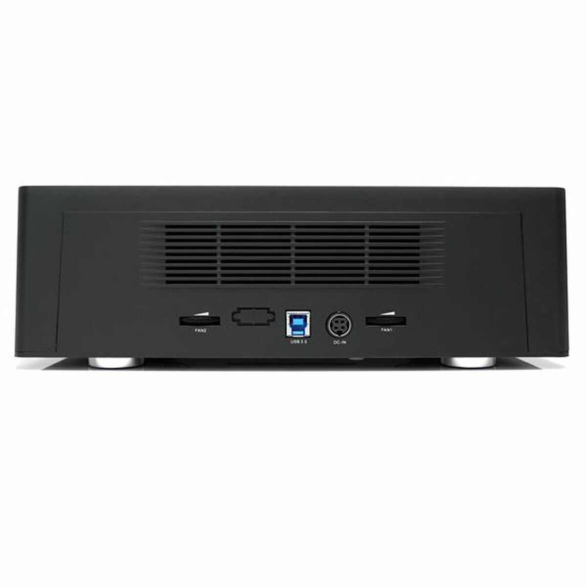 Il retro di un dispositivo nero con porte etichettate: FAN, USB3.0, DC-IN e FAN. Su sfondo bianco.