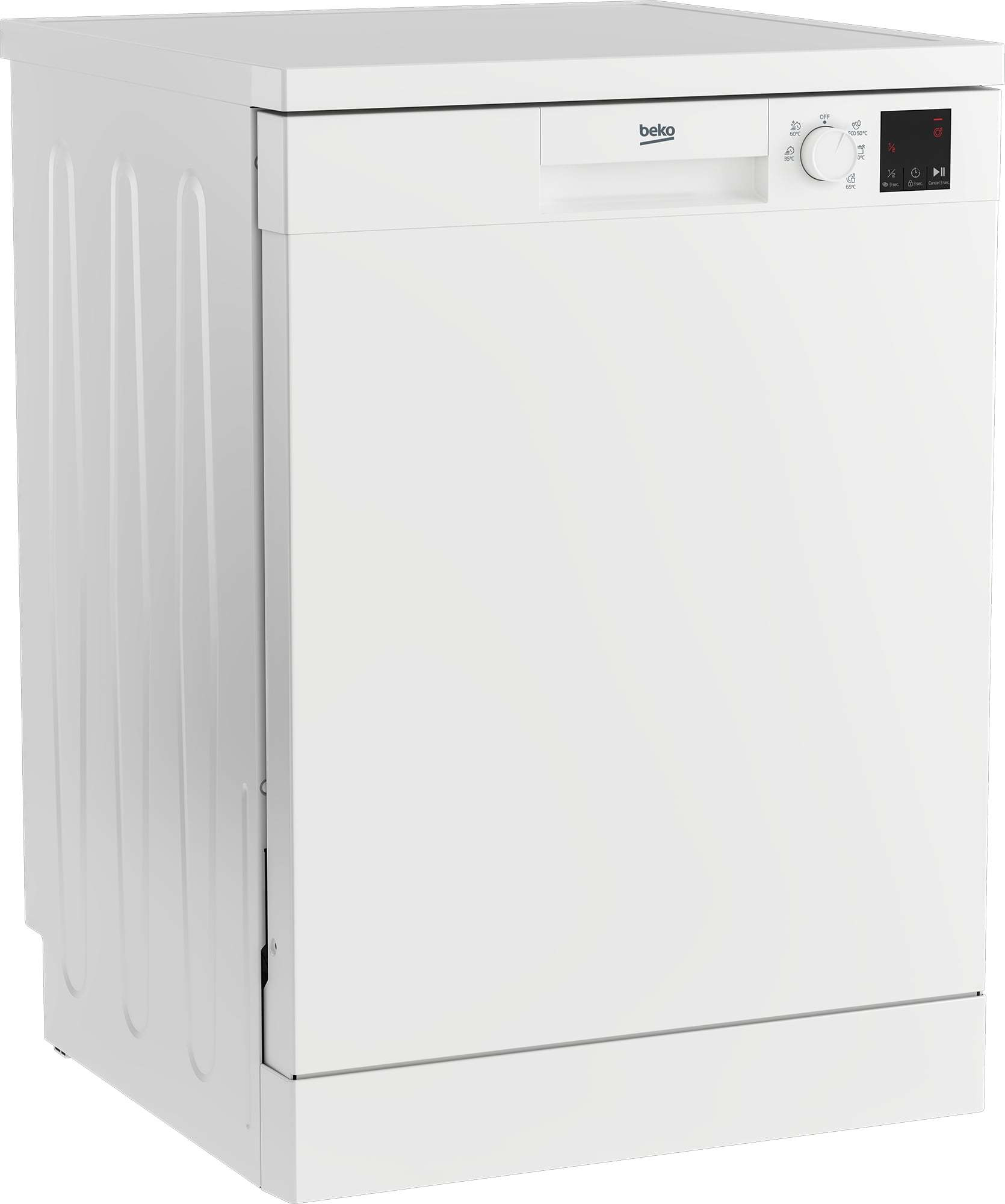 Lavastoviglie Beko bianca, vista angolata, su sfondo bianco.