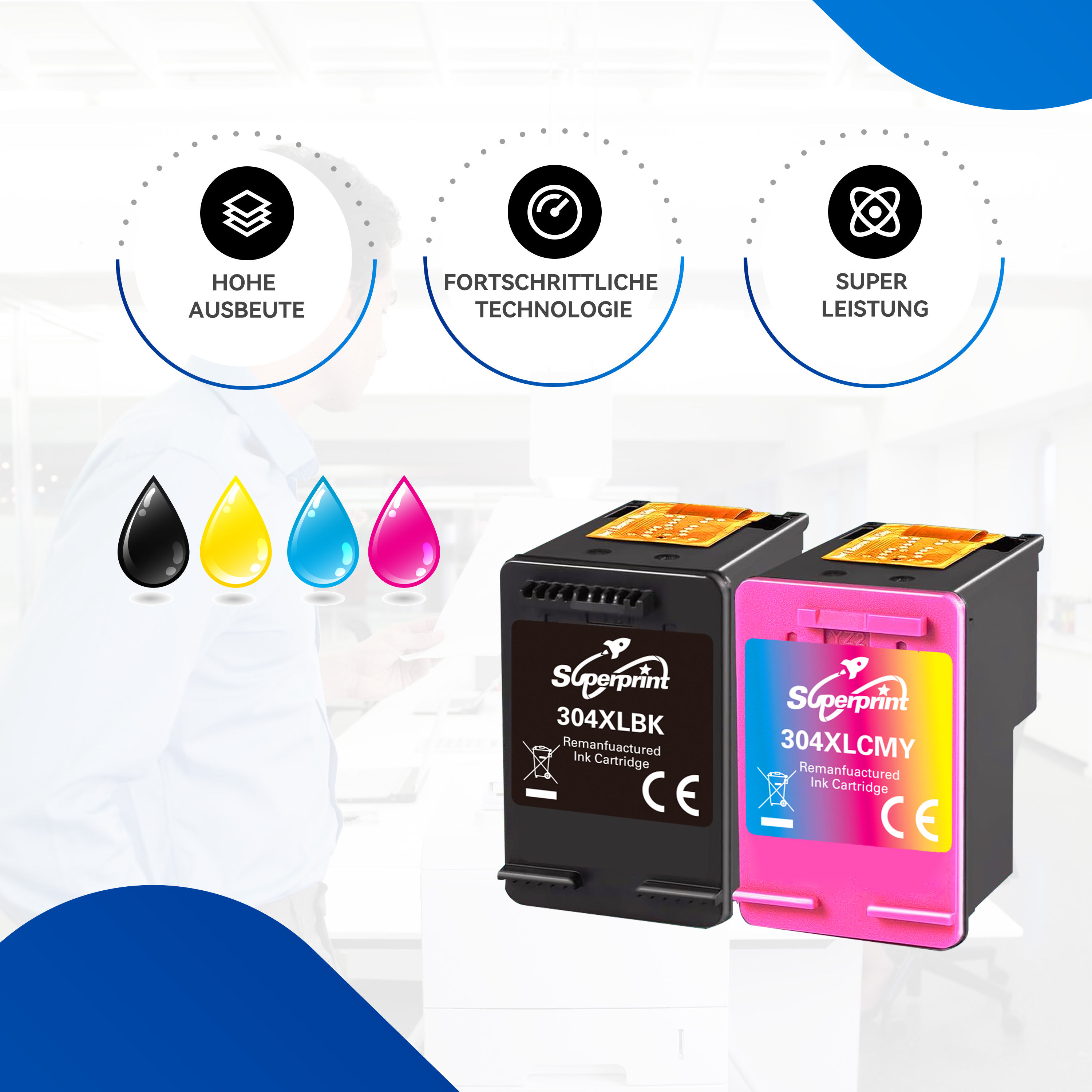 Inktcartridges: zwarte, gele, blauwe, roze druppels, zwarte en roze cartridges met labels en pictogrammen.