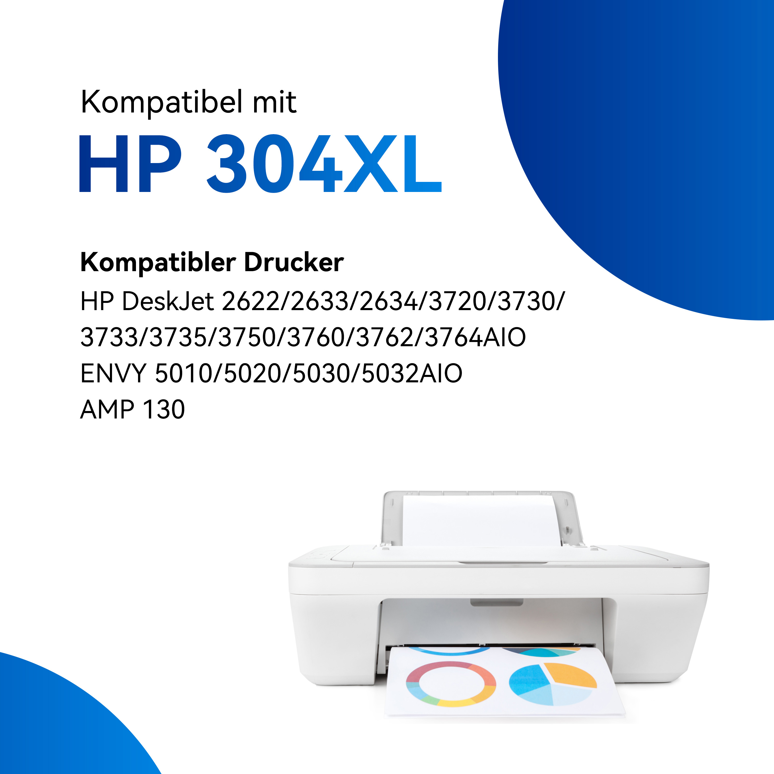 Witte printer met een vel papier. HP 304XL compatibiliteitslabel staat bovenaan.