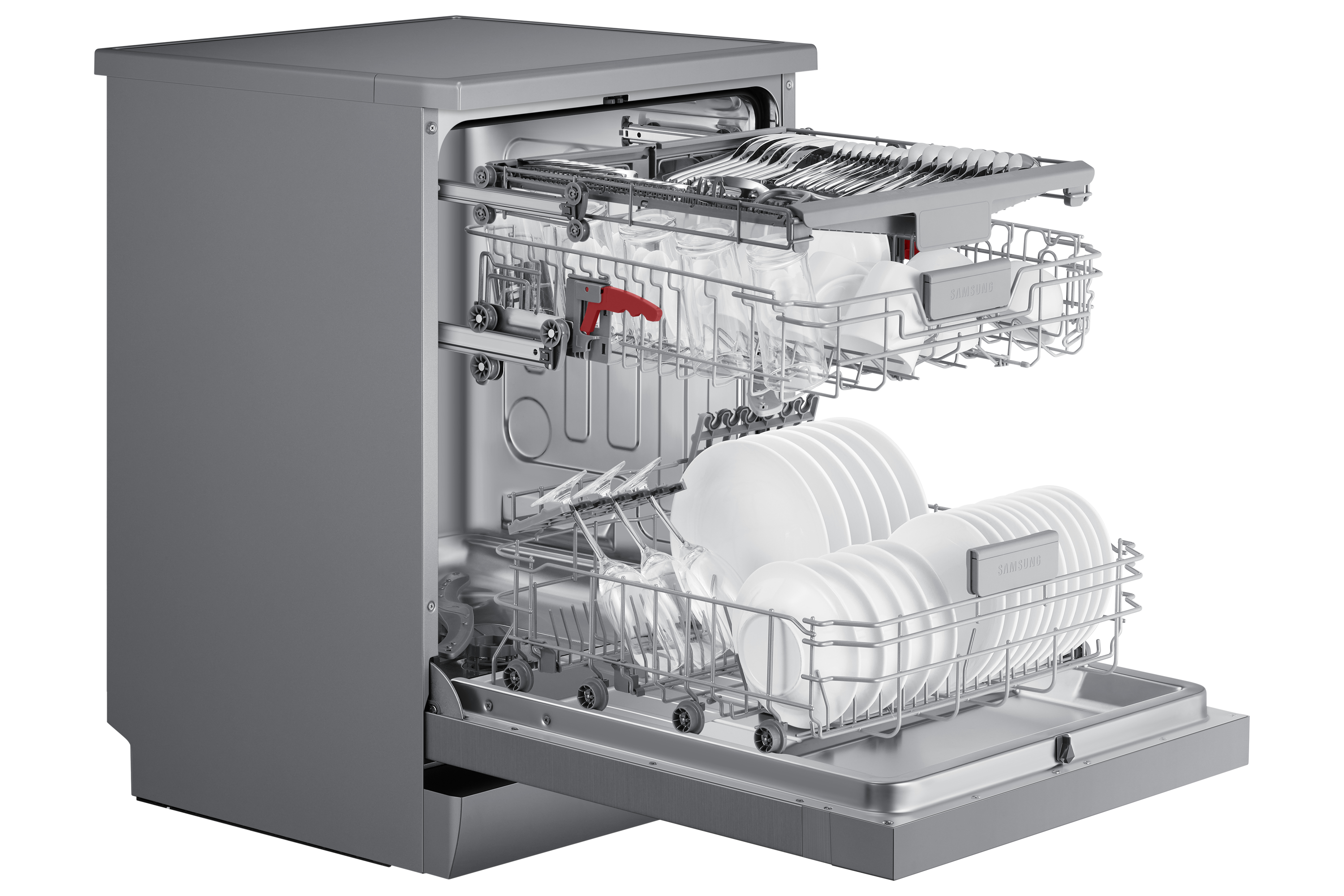 Szara zmywarka Samsung z otwartymi koszami.
