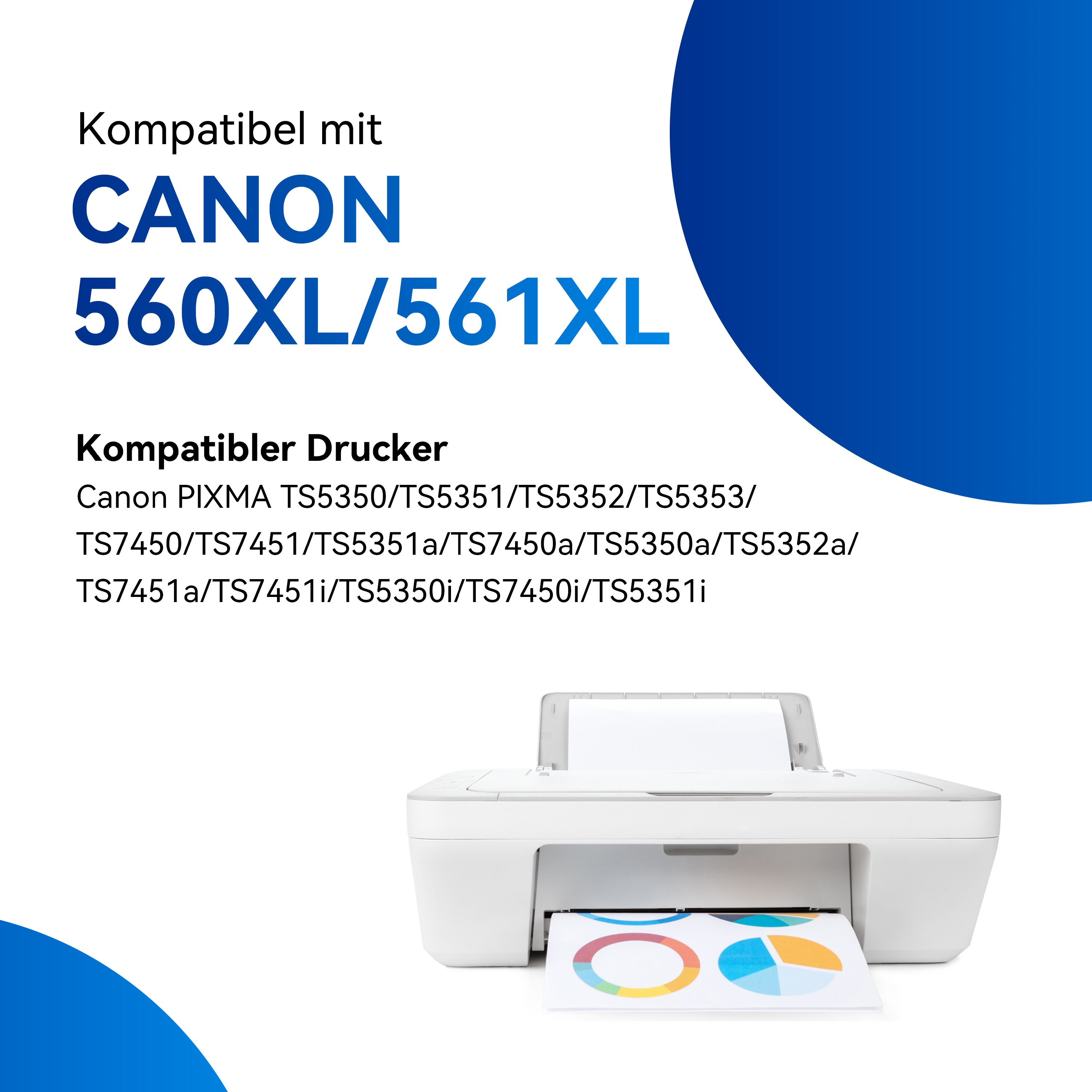 Printer met papier met grafiek. Tekst: 'Canon 560XL/561XL'.