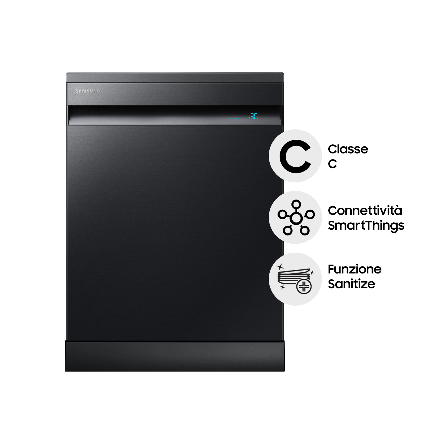 Czarna zmywarka z tekstem i ikonami wskazującymi funkcje.