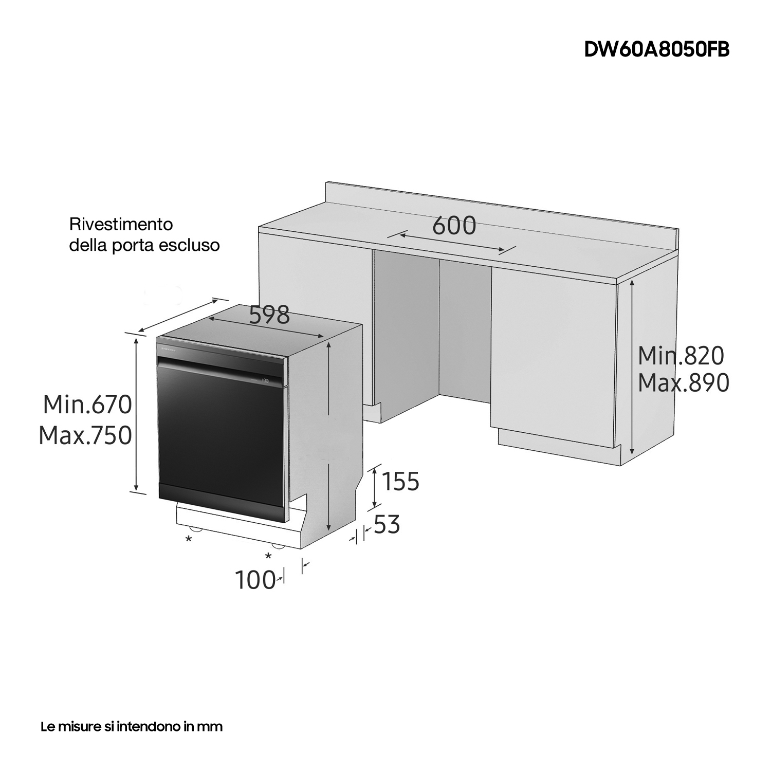 Schemat zmywarki: czarny, z wymiarami. Pokazuje zmywarkę obok przestrzeni szafki.