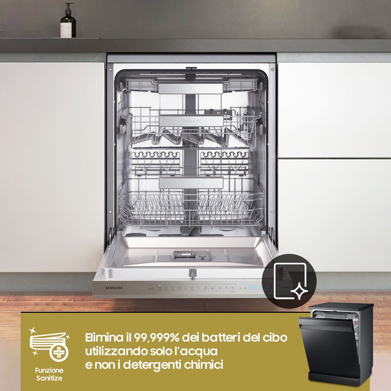 Otwarta zmywarka z czystymi naczyniami w środku. Pokazano mały obrazek zmywarki.