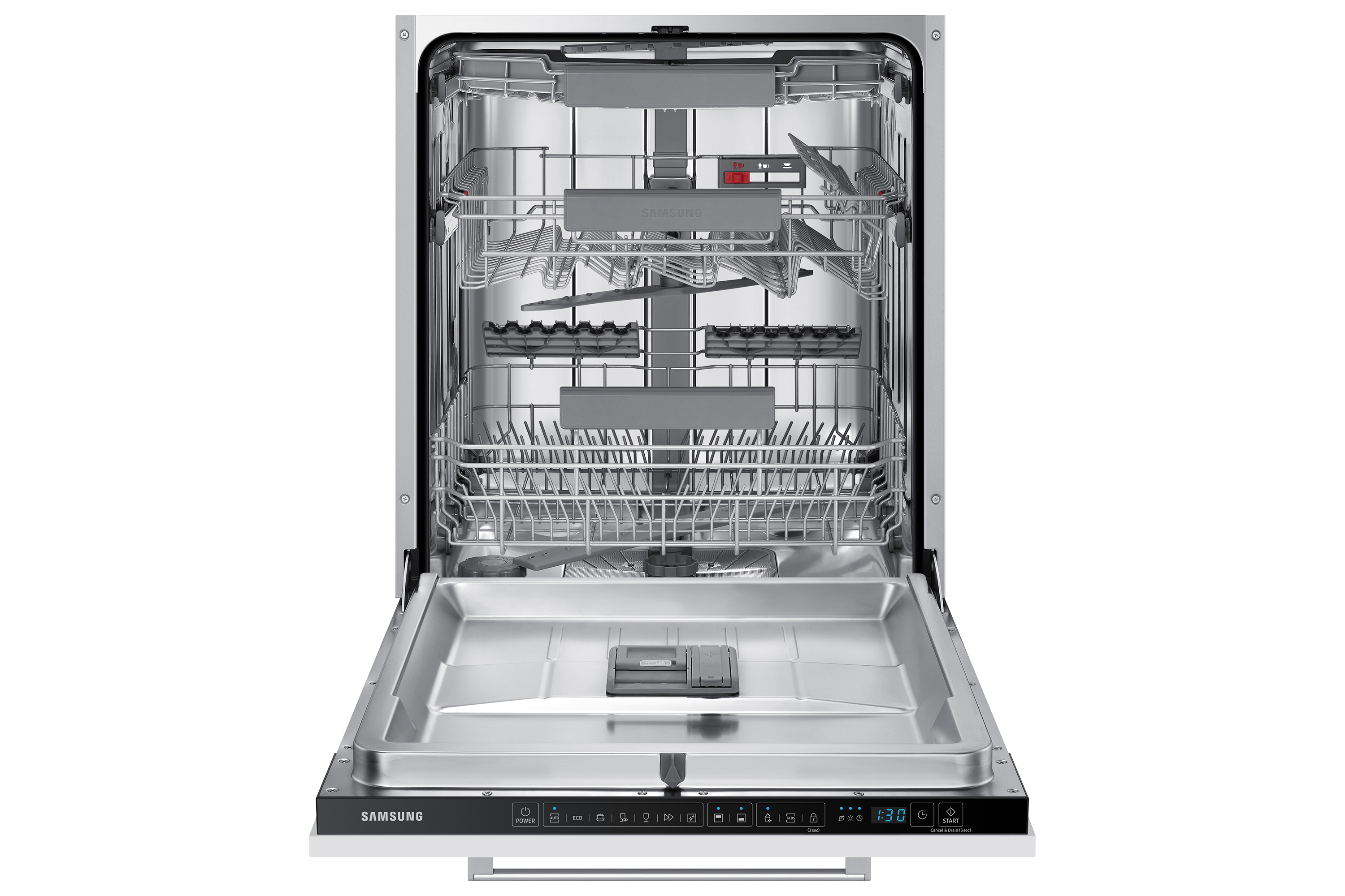 An open dishwasher interior with racks, showing various plates and utensils.