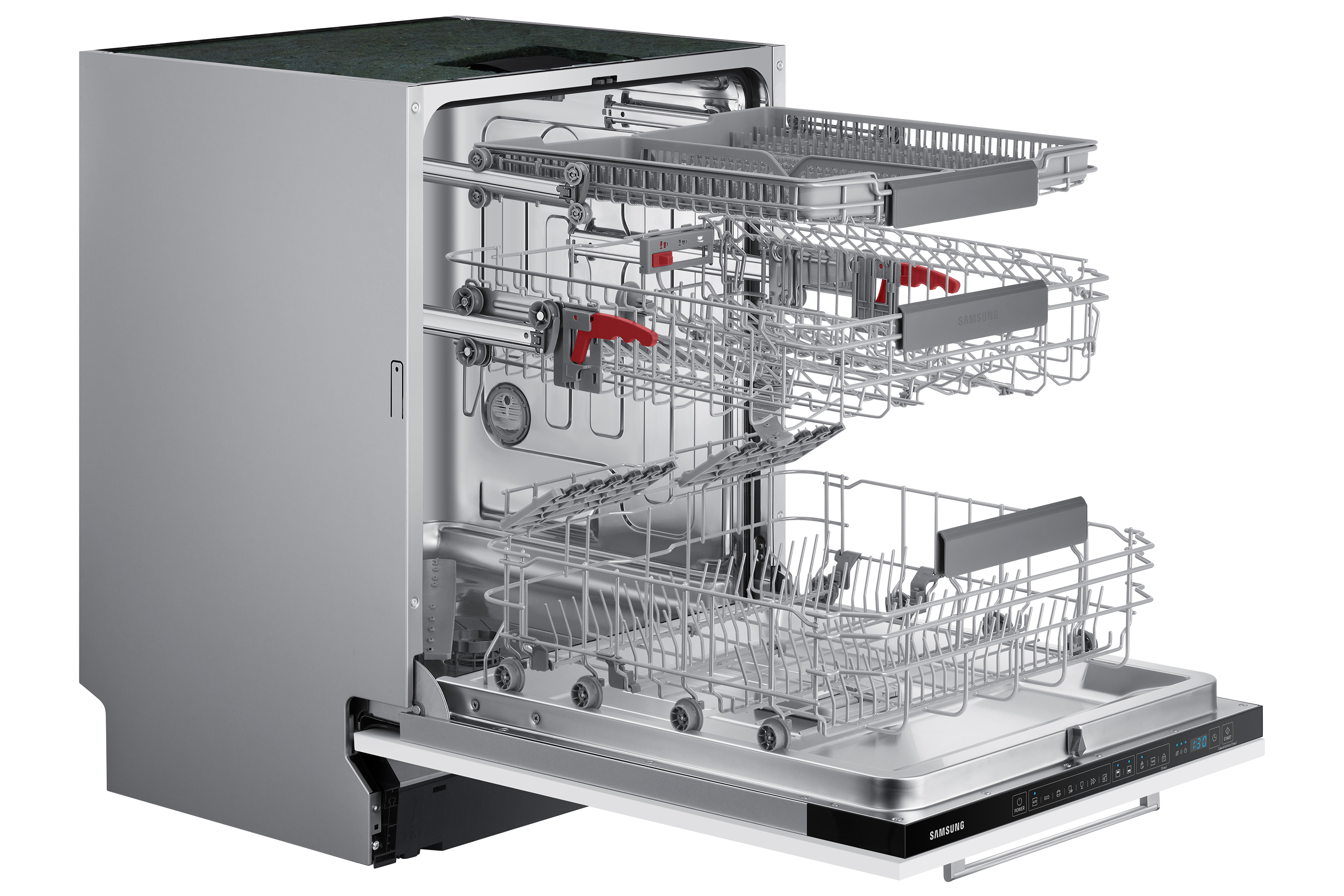 A stainless steel dishwasher with the door partially open, revealing two racks. Red handles are visible.