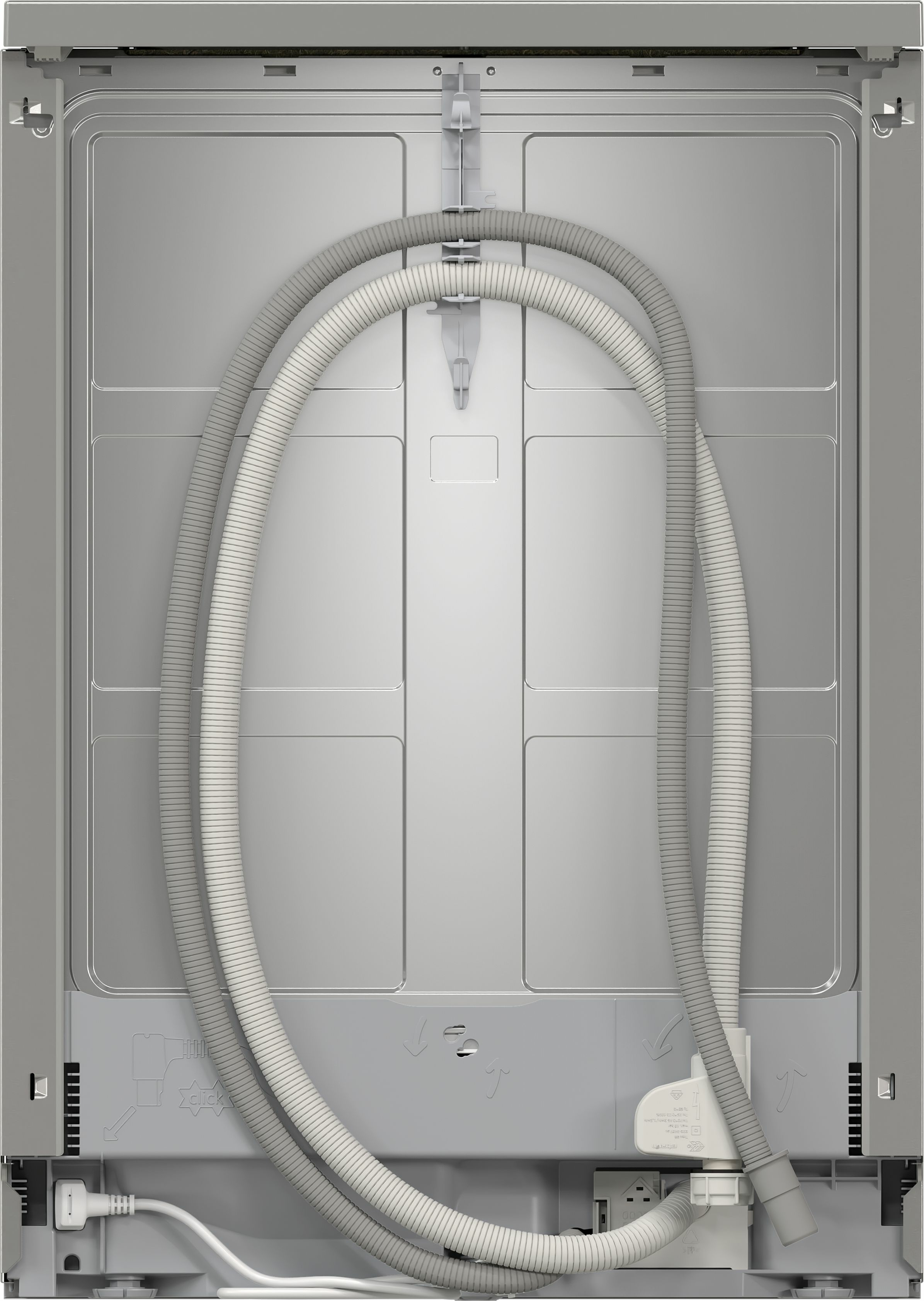 Tył zmywarki pokazujący węże i połączenia, wewnątrz szafki.