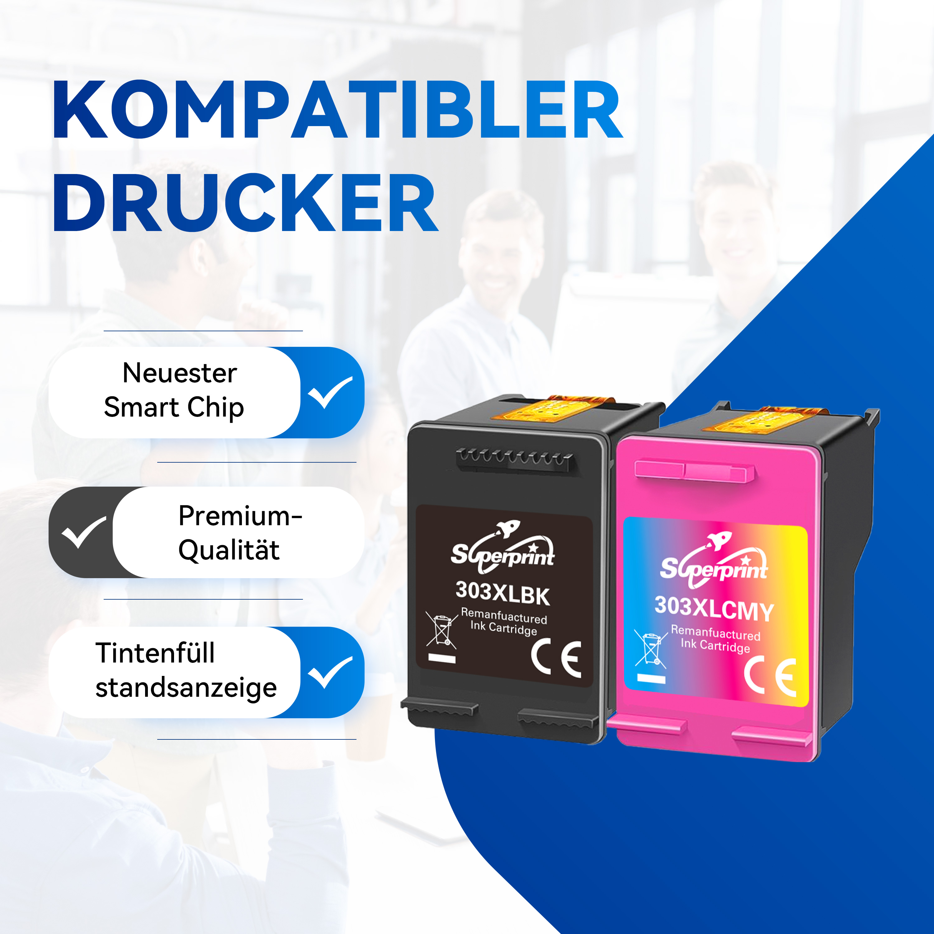 Inktcartridges met vinkjes, met 'Nieuwste Smart Chip', 'Premium Kwaliteit' en 'Inktniveau-indicator'. Blauwe achtergrond.
