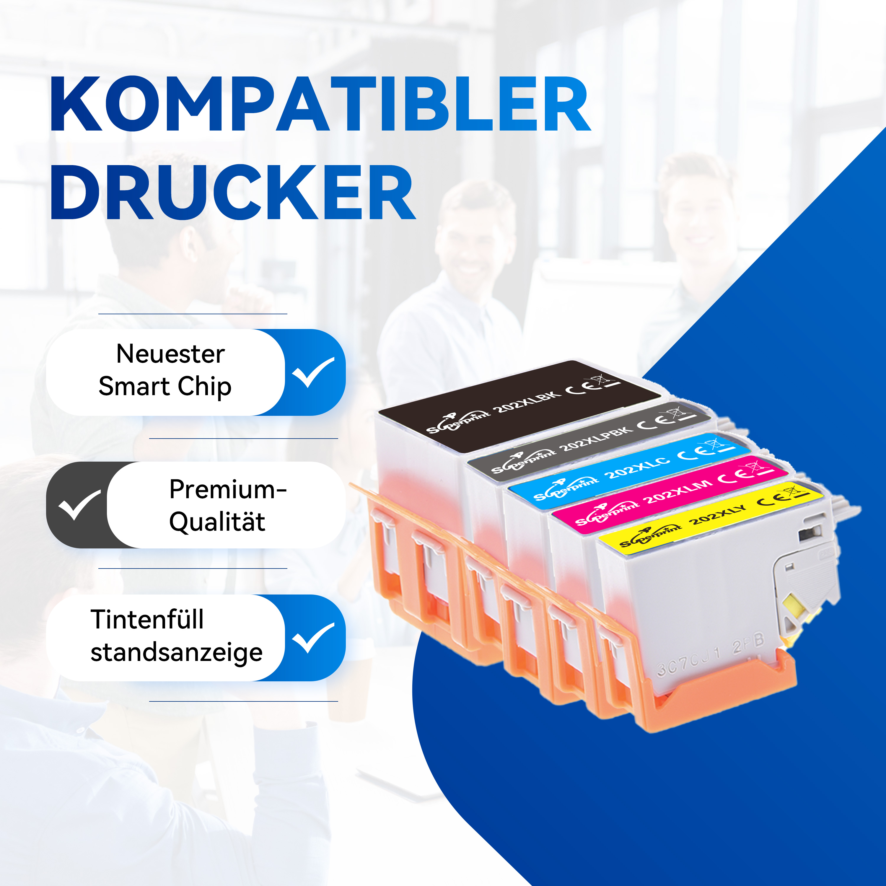 Een printercartridge met tekst en vinkjes. De woorden 'Premium Qualität' zijn zichtbaar.