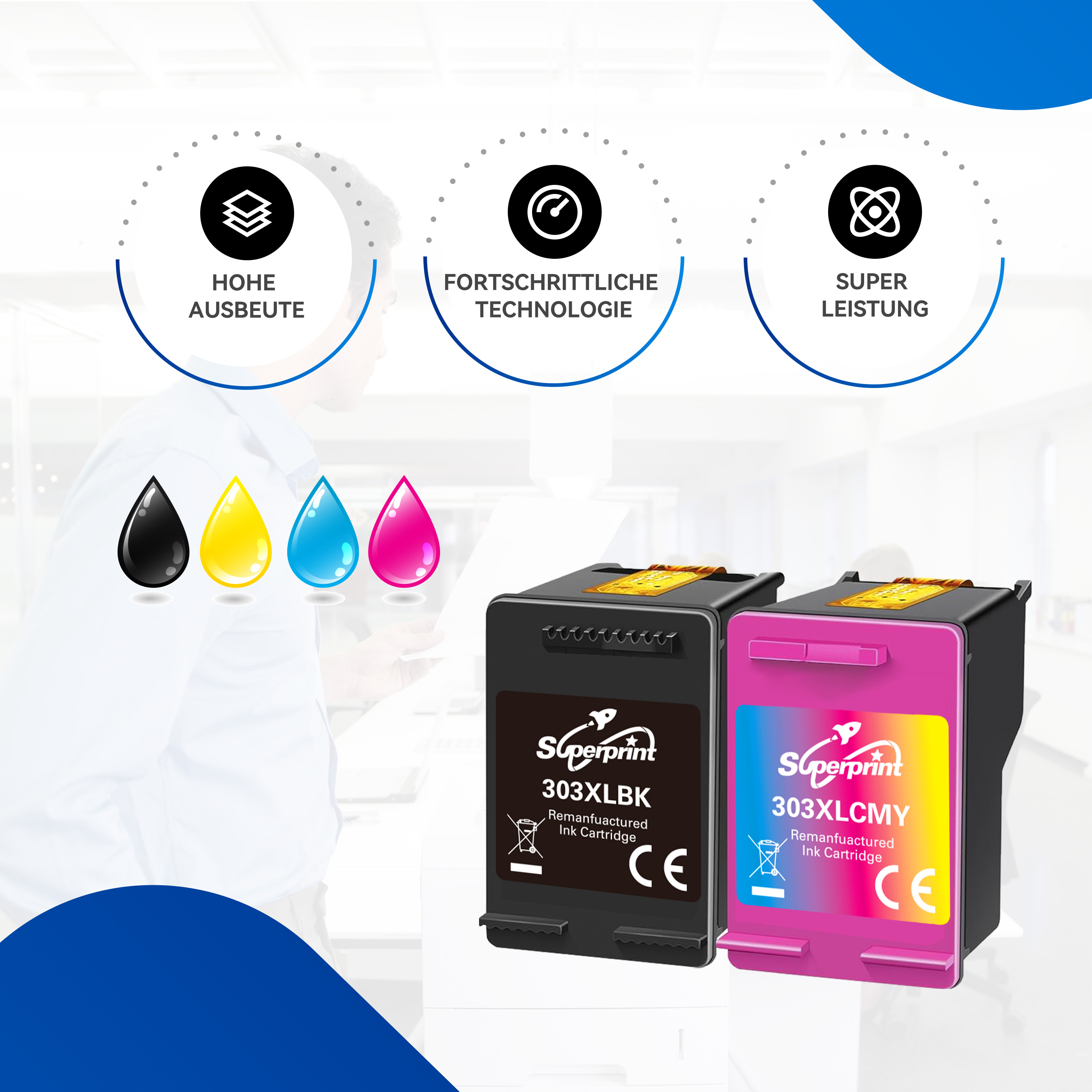 Inktcartridges: zwart en roze. Pictogram van inktdruppels. Tekst geeft gereviseerde cartridge aan.