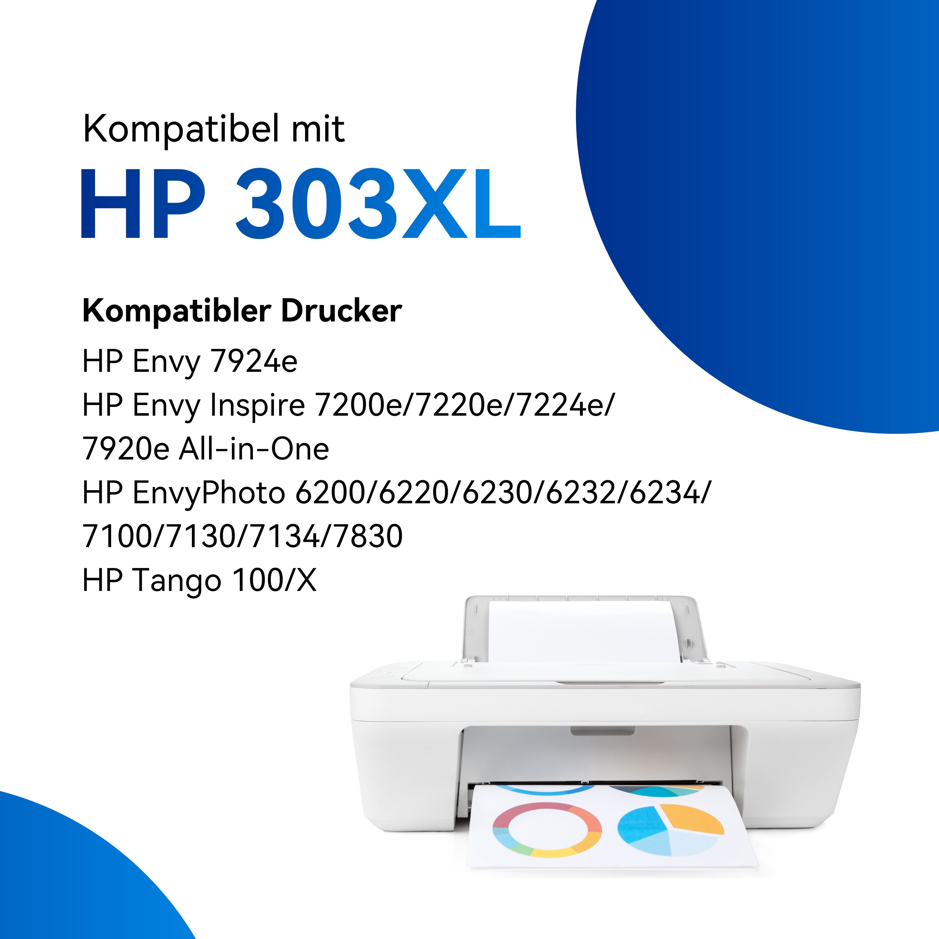 Witte printer met kleurenafdruk en tekst over HP 303XL compatibiliteit.