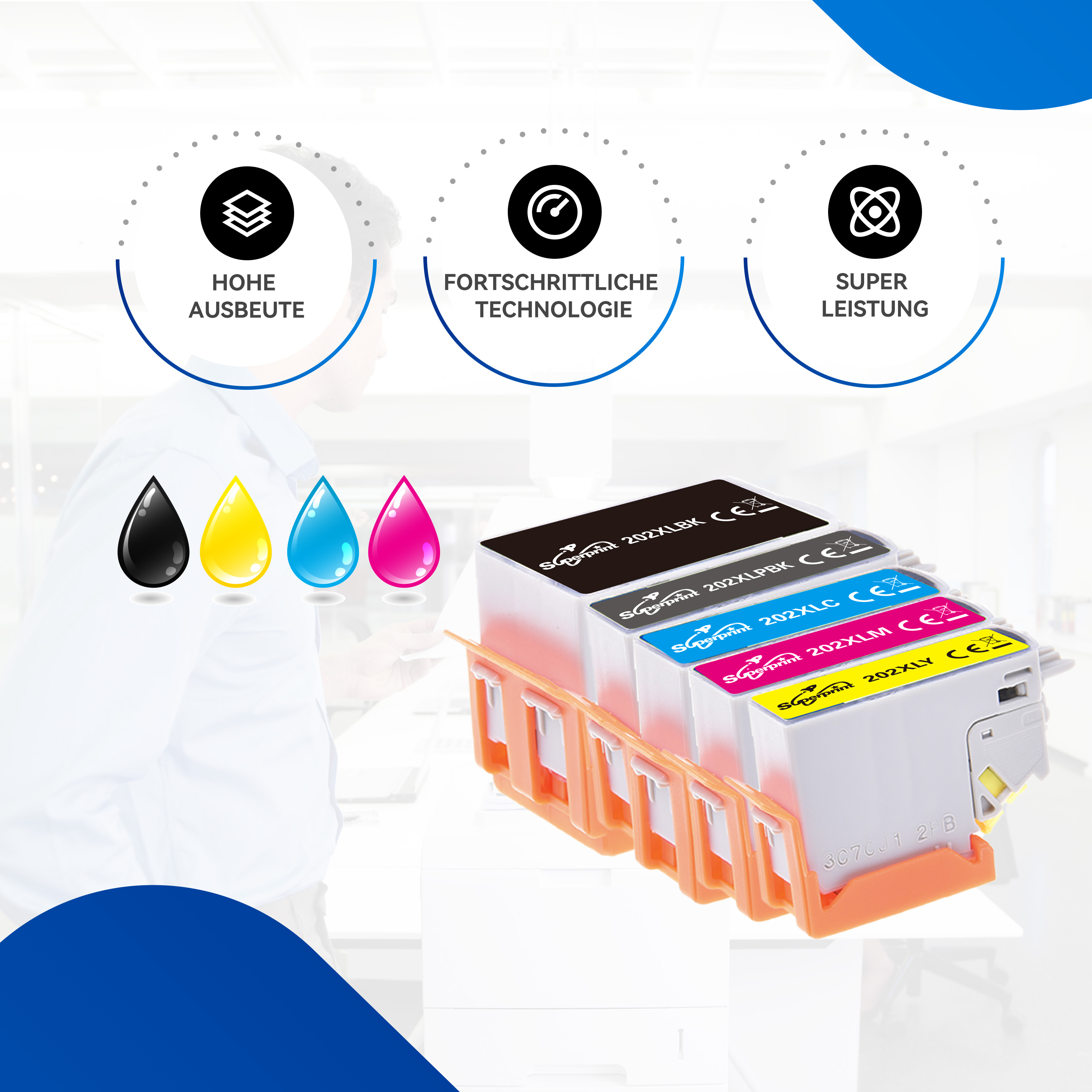Inktcartridges in een houder. Zwarte, gele, blauwe en roze cartridges met iconen en tekst.