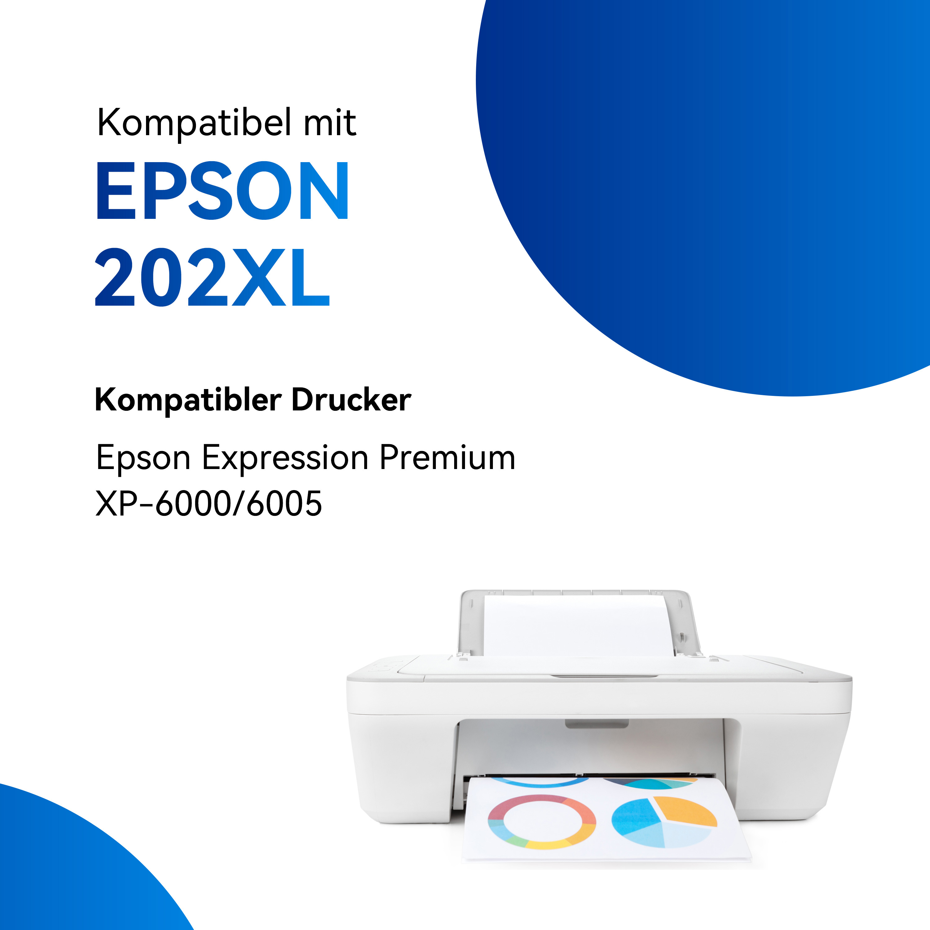 Witte printer met tekst: Compatibel met EPSON 202XL. De printer print een kleurrijk papier.