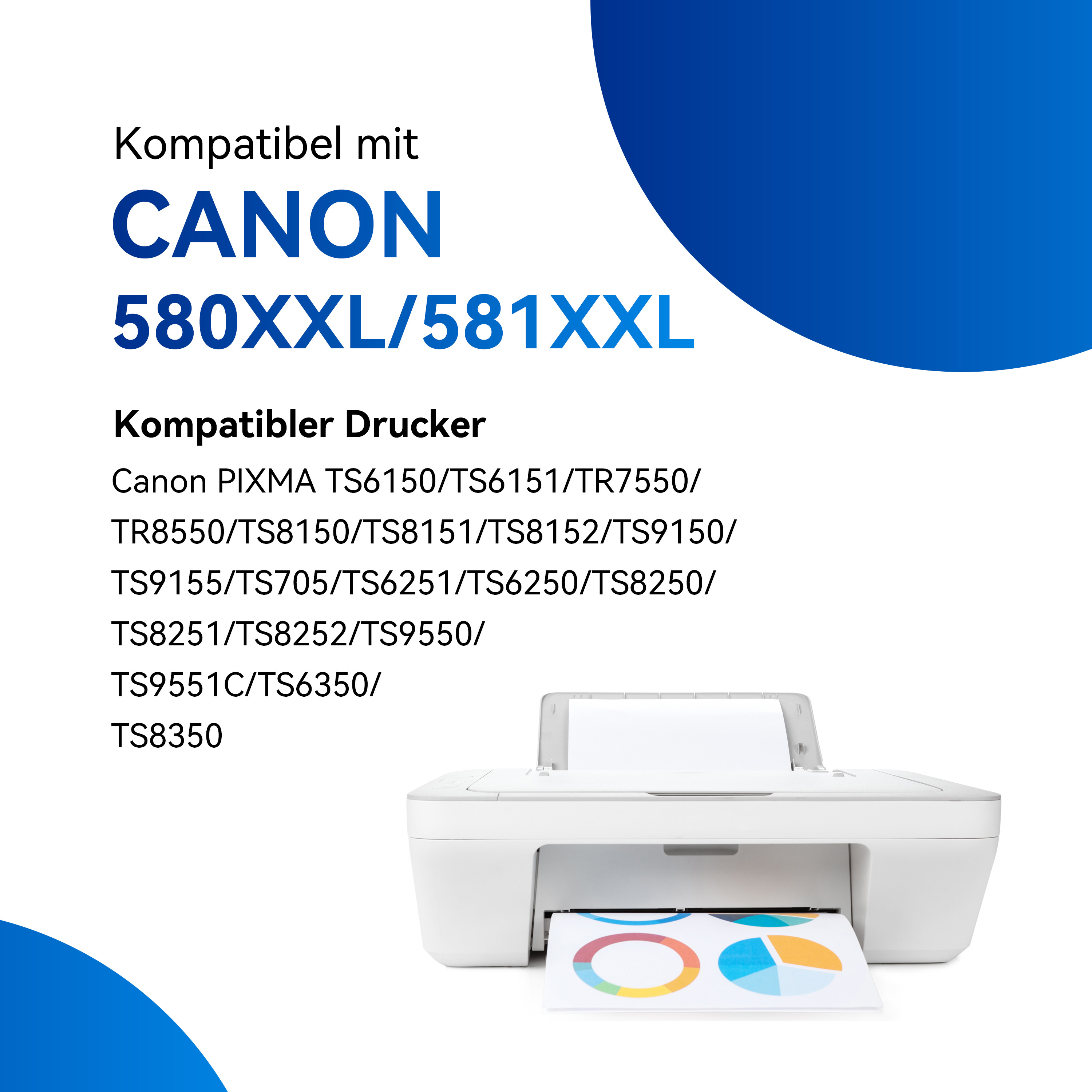 Imprimante blanche imprimant un graphique coloré, avec le texte en haut disant 'Compatible avec CANON'.