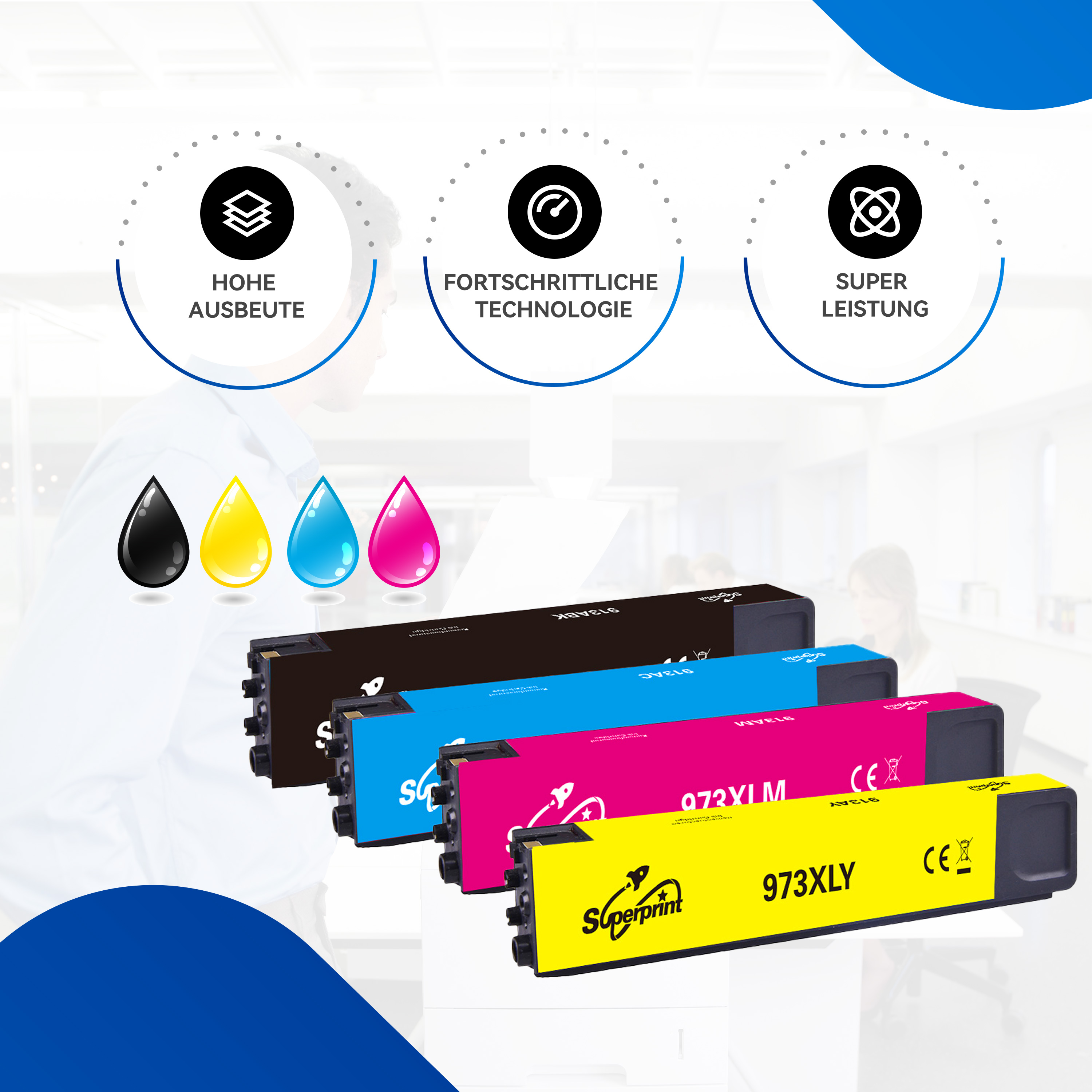 Cartouches d'encre en noir, jaune, magenta et cyan, avec des icônes et du texte.