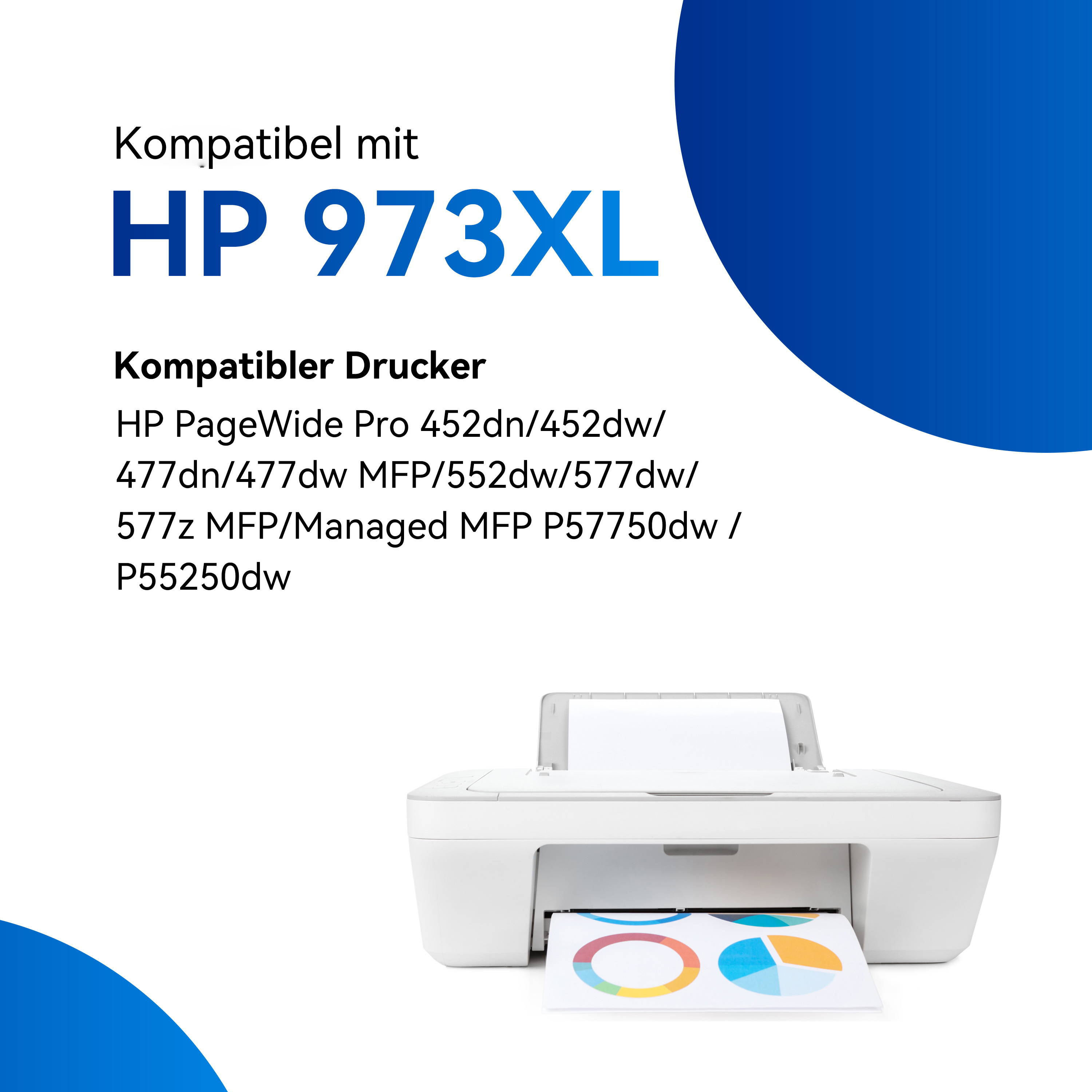 Une imprimante blanche avec un papier imprimé multicolore et les détails de l'imprimante compatible.