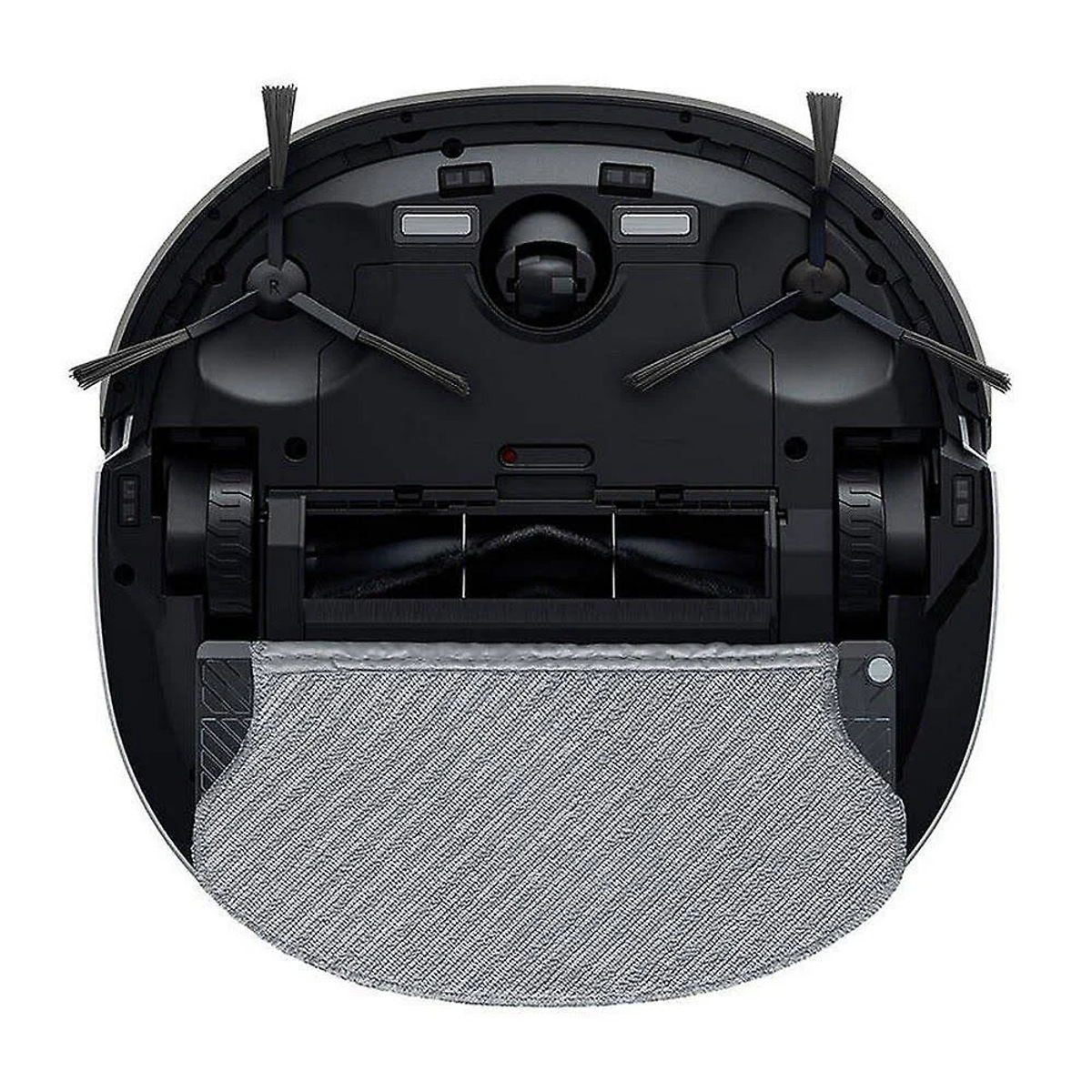 Czarny robot odkurzający, widok od dołu.
