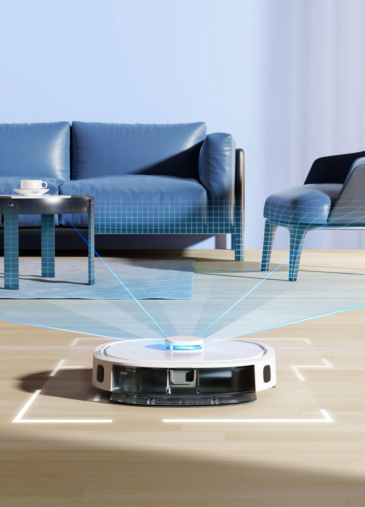 Robot sprzątający na drewnianej podłodze, niebieska sofa, krzesło w tle. Widoczne linie.