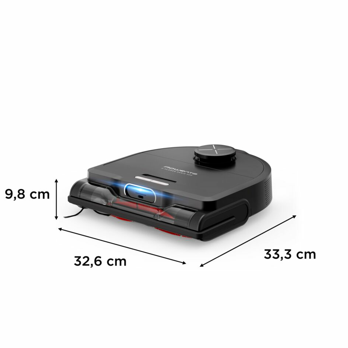 Un robot aspirapolvere nero, con dimensioni etichettate: 32,6 cm, 33,3 cm e 9,8 cm.