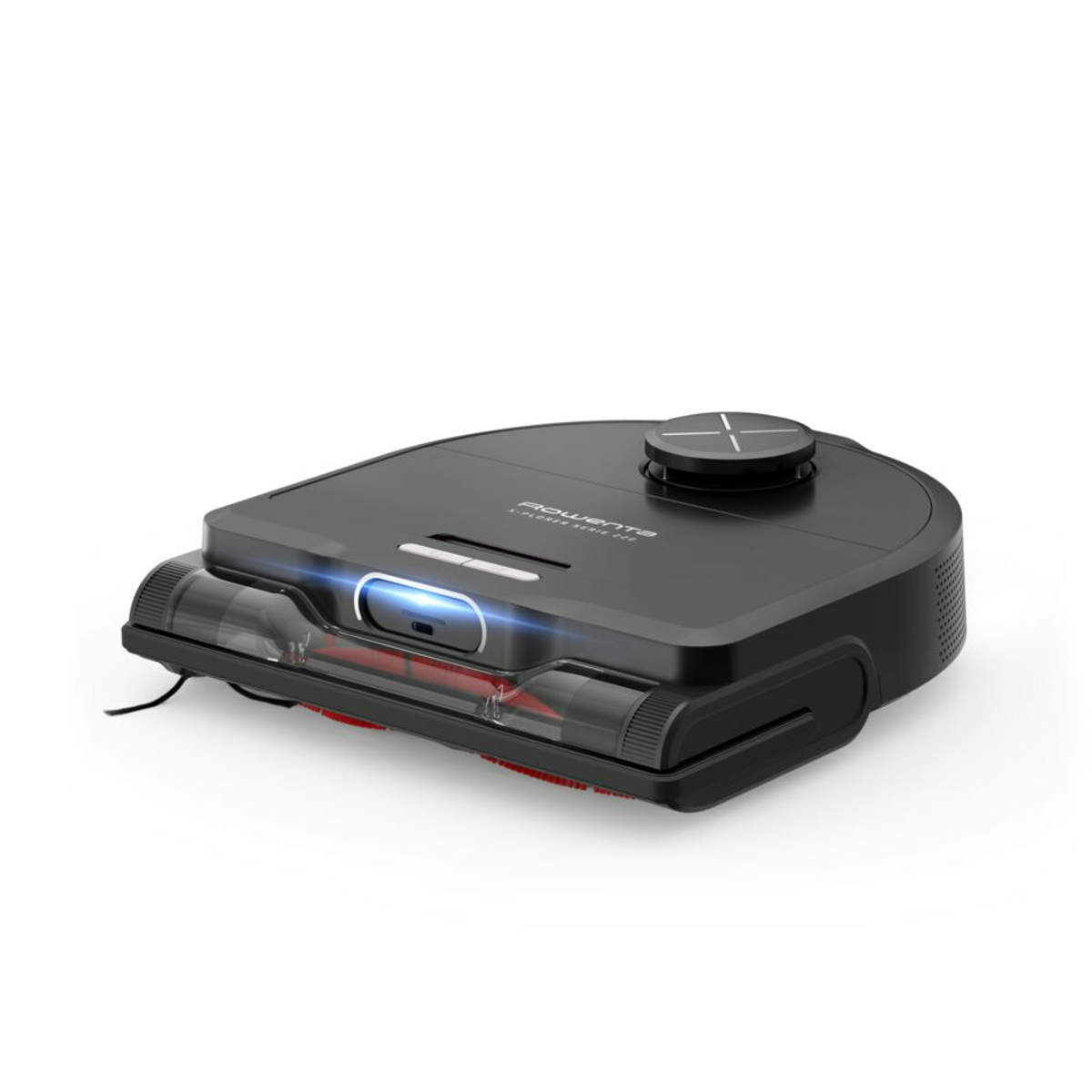Aspirapolvere robot nero con parte anteriore trasparente e sfondo bianco.