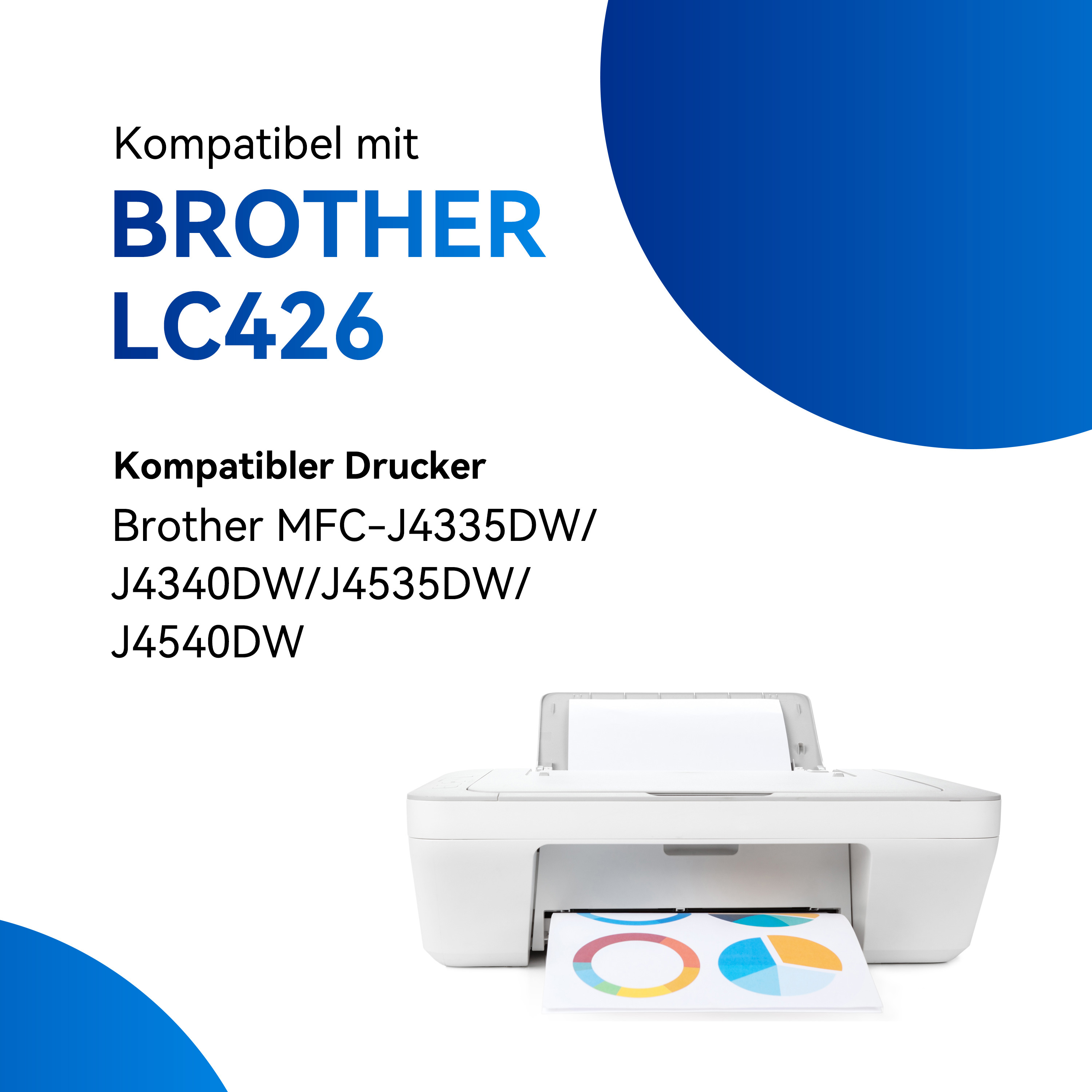 Een witte printer met gekleurd papier. De tekst luidt 'Compatibel met Brother LC426'.