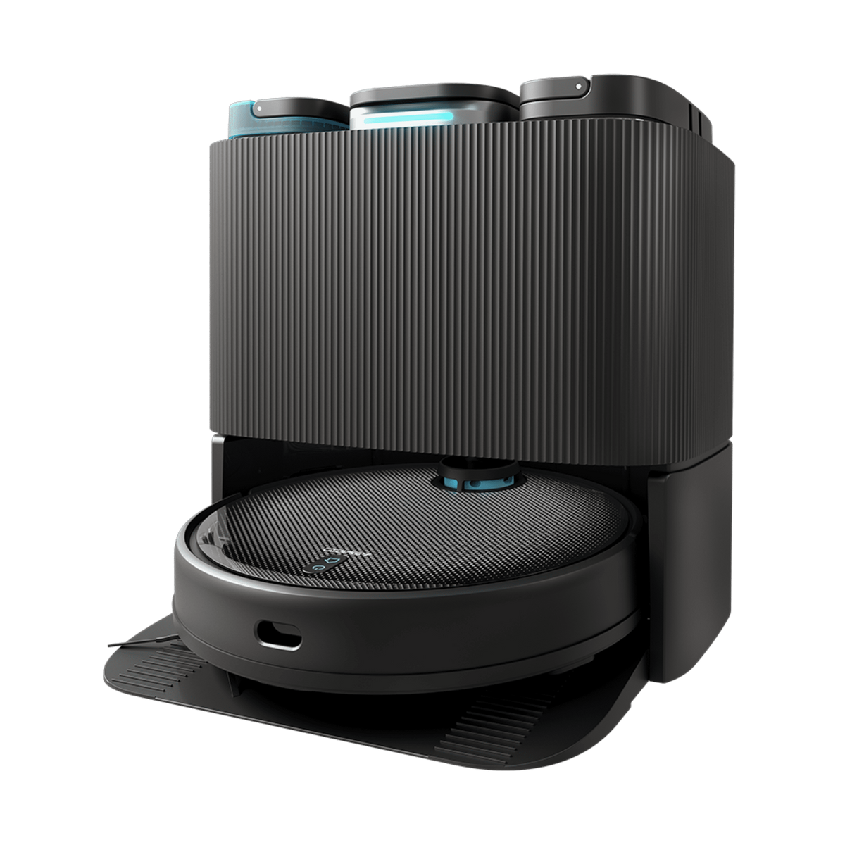 Un robot aspirapolvere nero e grigio con base di ricarica e design circolare.