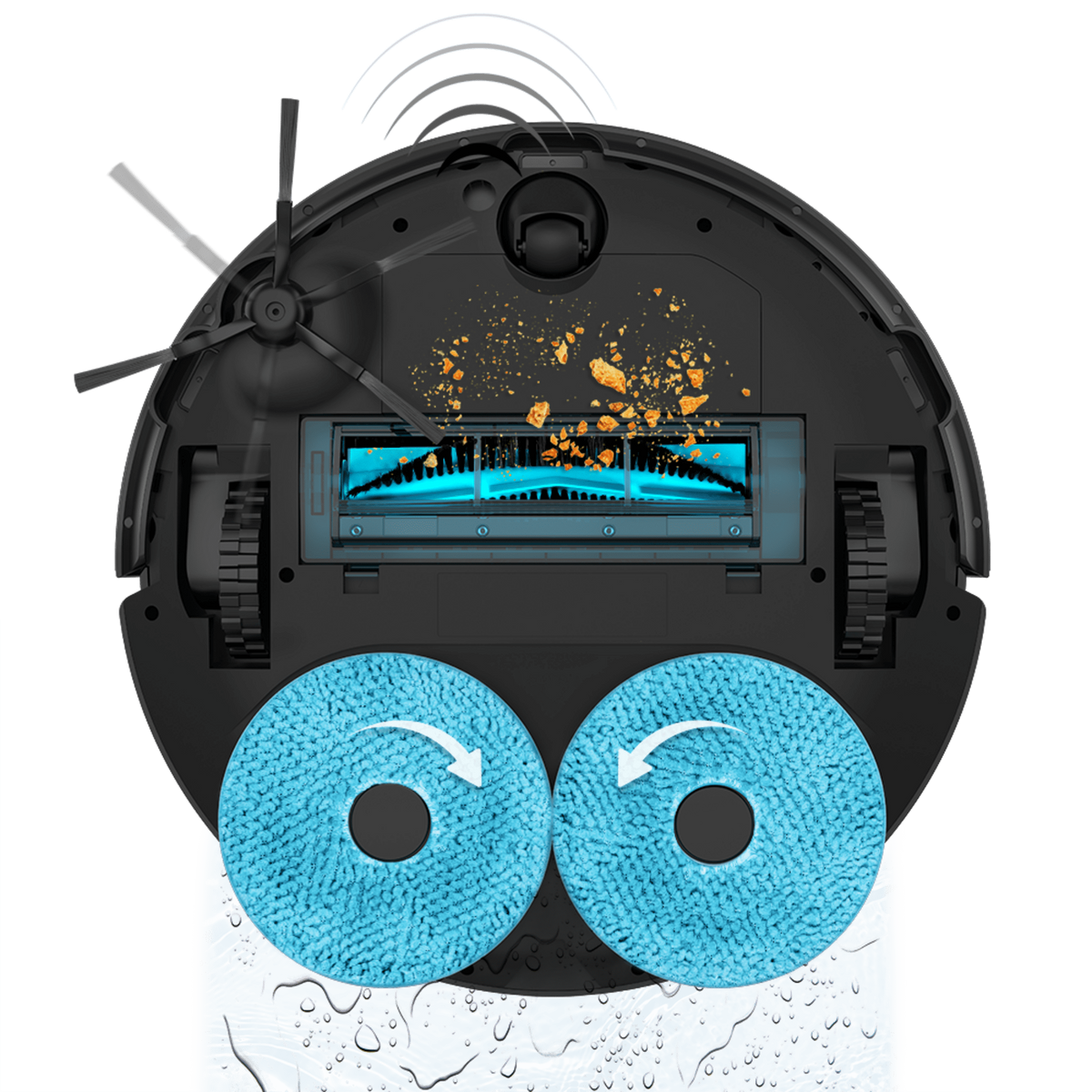 Vista inferiore di un robot aspirapolvere. I cuscinetti blu ruotano mentre la spazzola pulisce il pavimento.