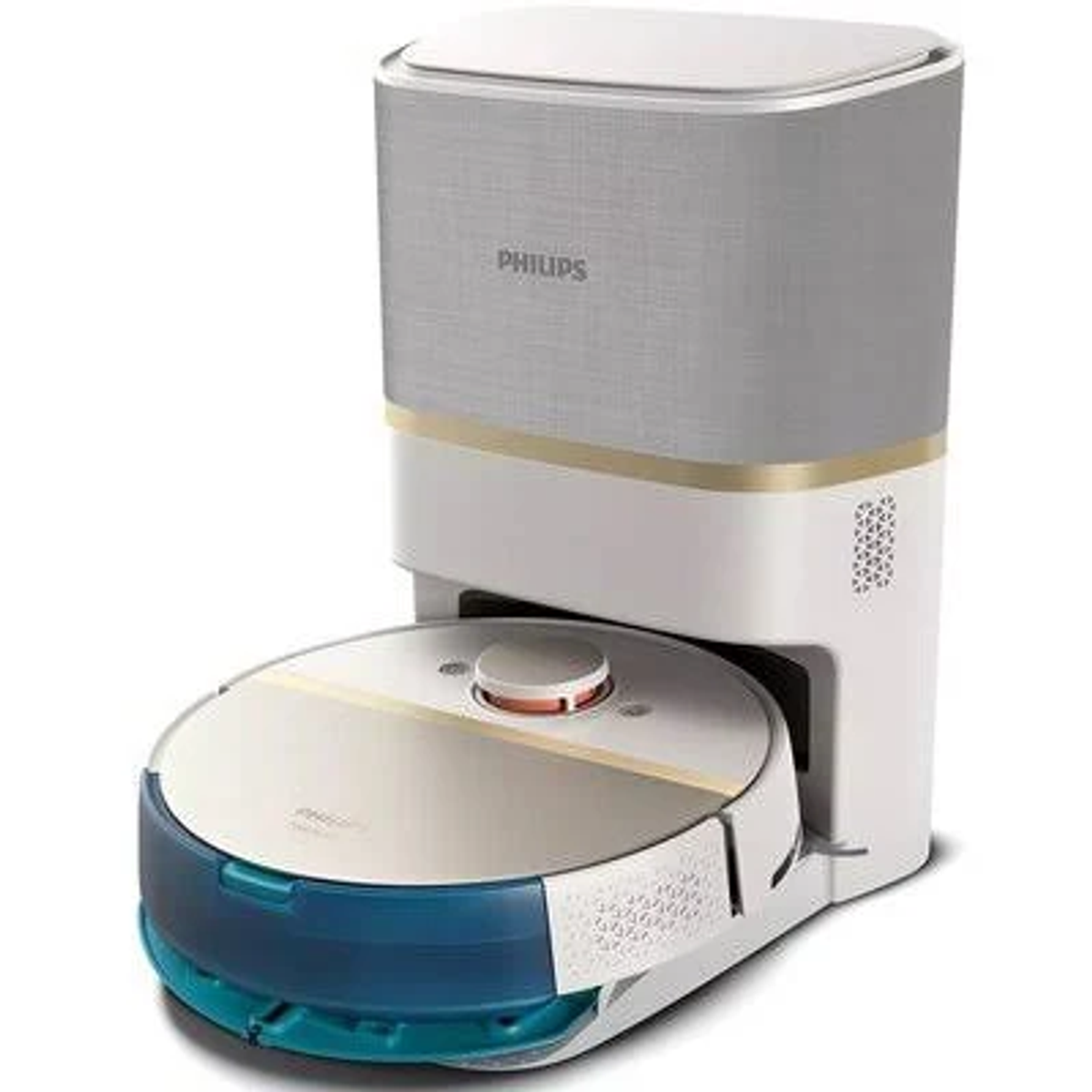 Een Philips robotstofzuiger met een oplaadstation, wit en grijs.